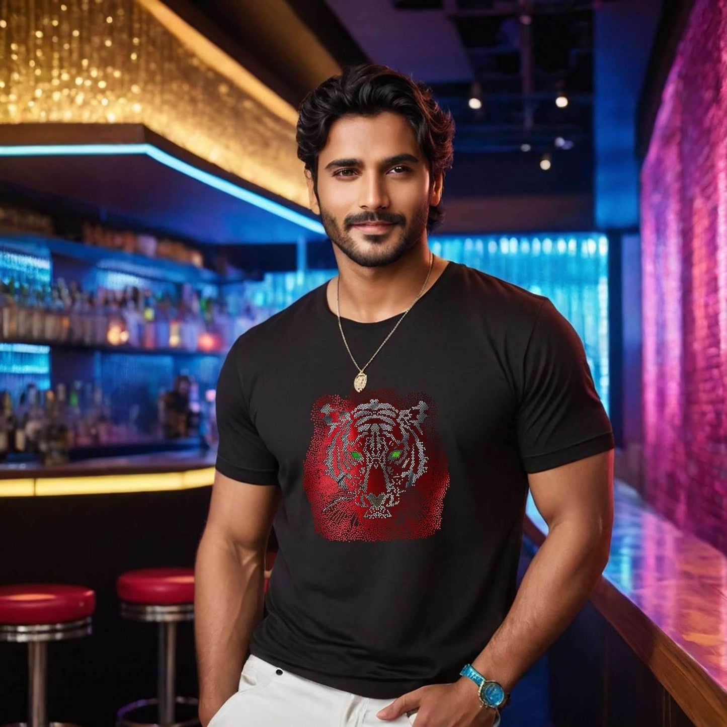 MIX COLOUR SPANGLE TIGER FACE - Unisex Round Neck Regular Fit 100% Combed Cotton Half Sleeve T-Shirt - Mojilo Mart