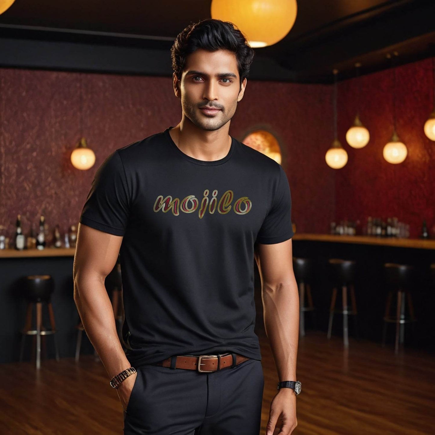 MOJILO SPANGLE RED GOLD - Unisex Round Neck Regular Fit 100% Combed Cotton Half Sleeve T-Shirt - Mojilo Mart