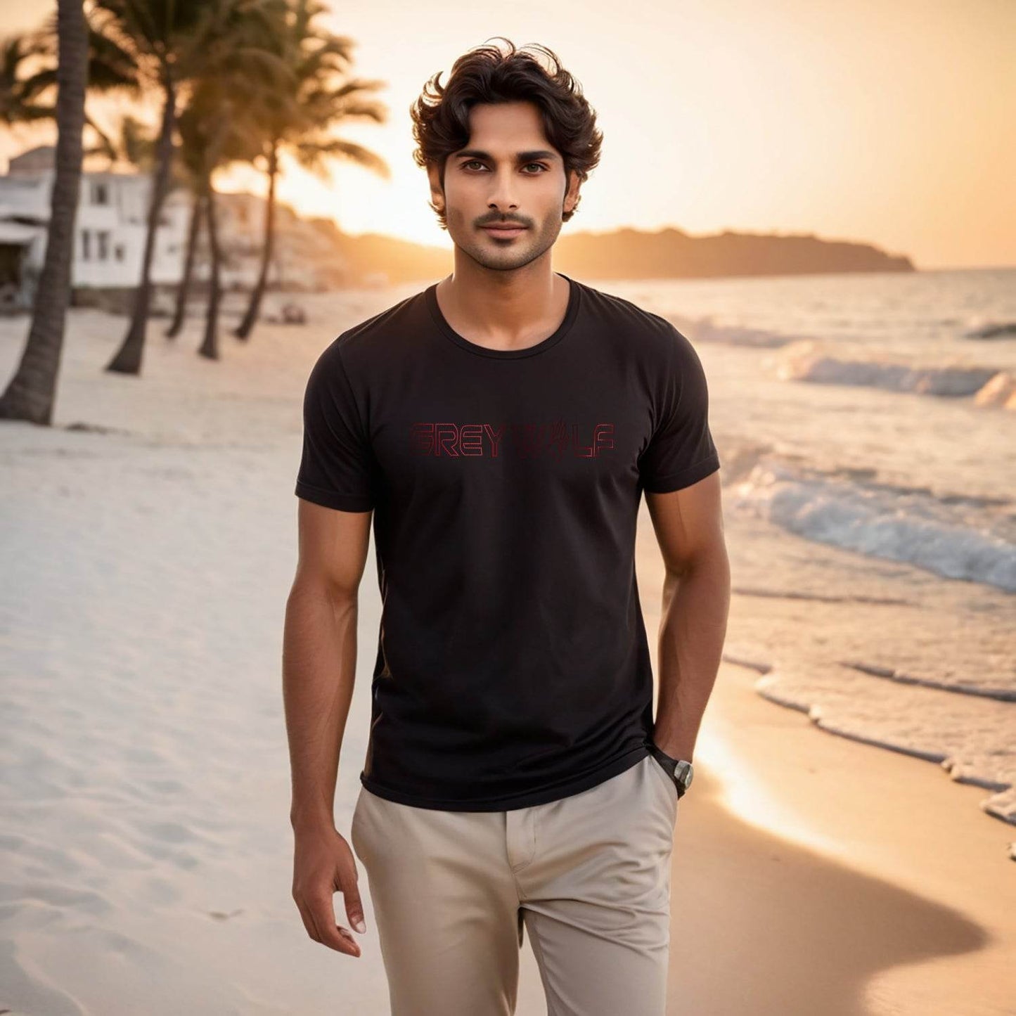 RED SPANGLE GREY WALF - Unisex Round Neck Regular Fit 100% Combed Cotton Half Sleeve T-Shirt - Mojilo Mart
