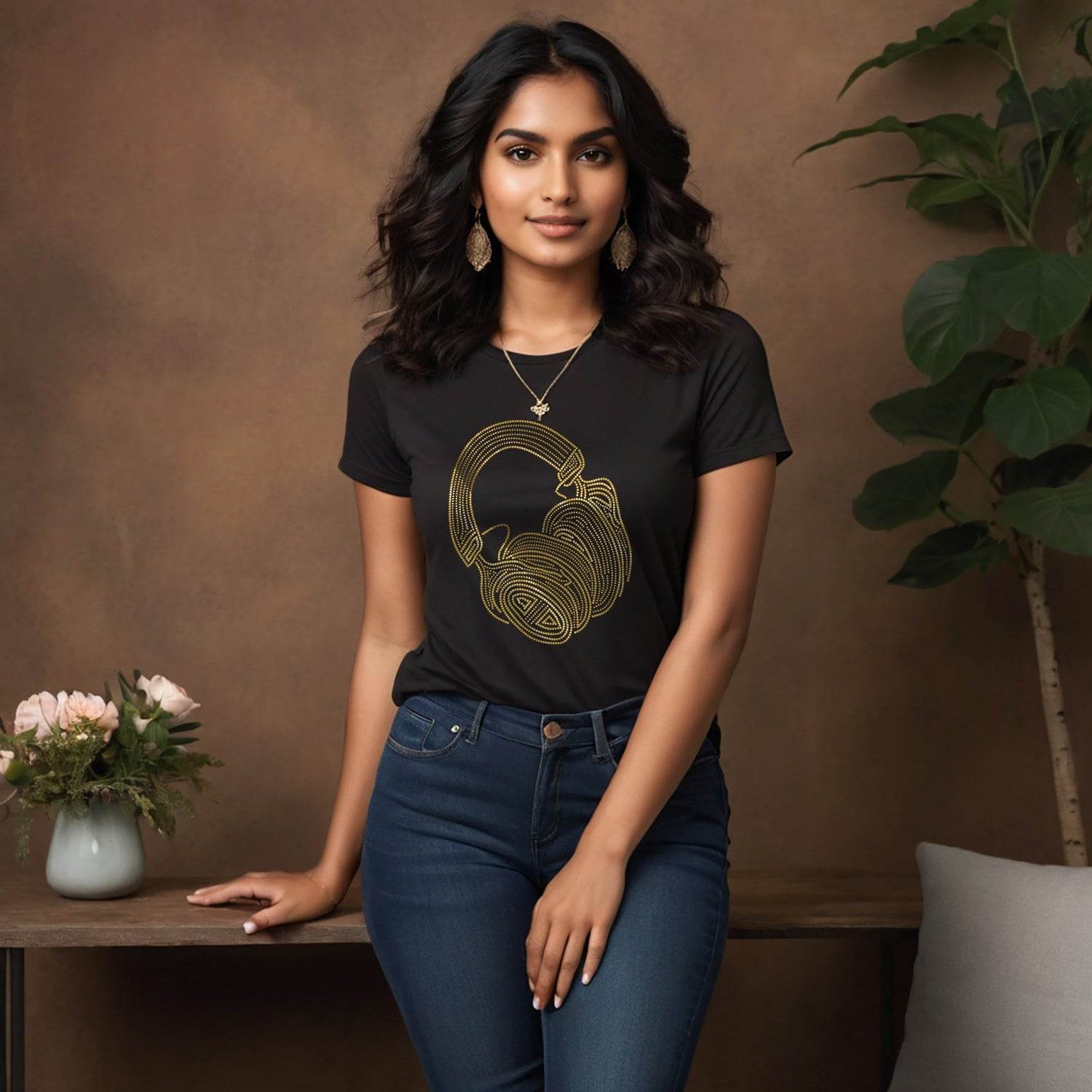 SPANGLE GOLD HEADPHONE - Unisex Round Neck Regular Fit 100% Combed Cotton Half Sleeve T-Shirt - Mojilo Mart