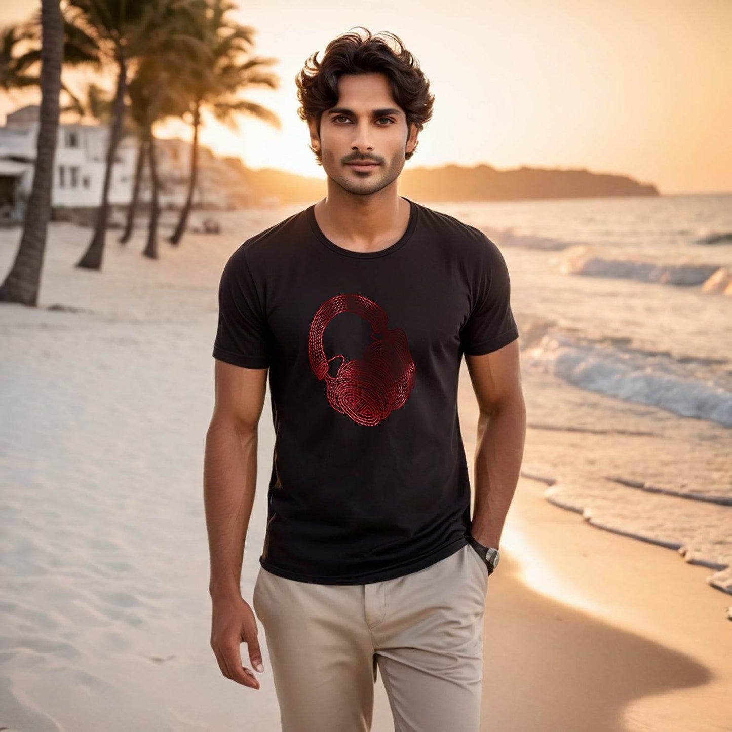 SPANGLE RED HEADPHONE - Unisex Round Neck Regular Fit 100% Combed Cotton Half Sleeve T-Shirt - Mojilo Mart