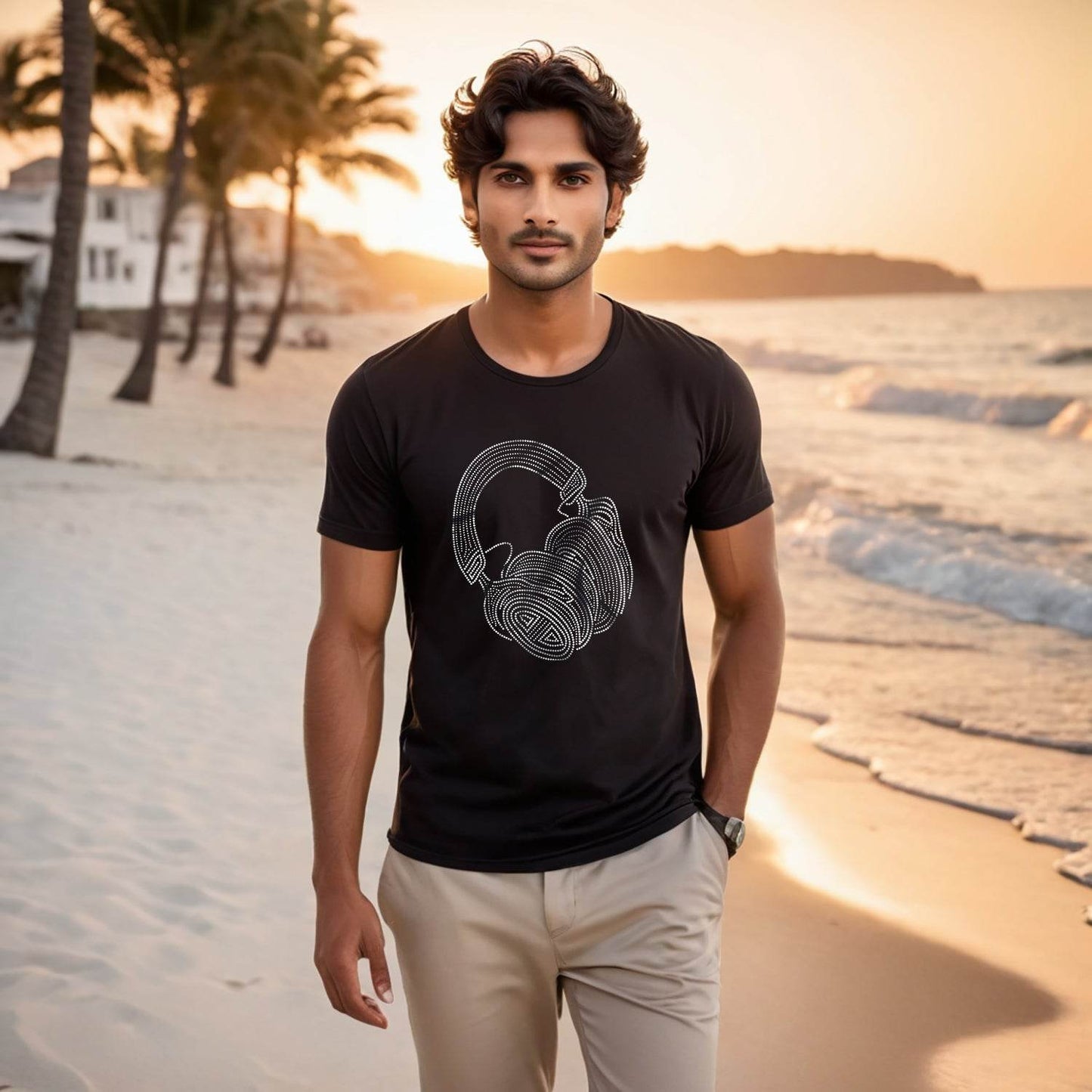 SPANGLE SILVER HEADPHONE - Unisex Round Neck Regular Fit 100% Combed Cotton Half Sleeve T-Shirt - Mojilo Mart