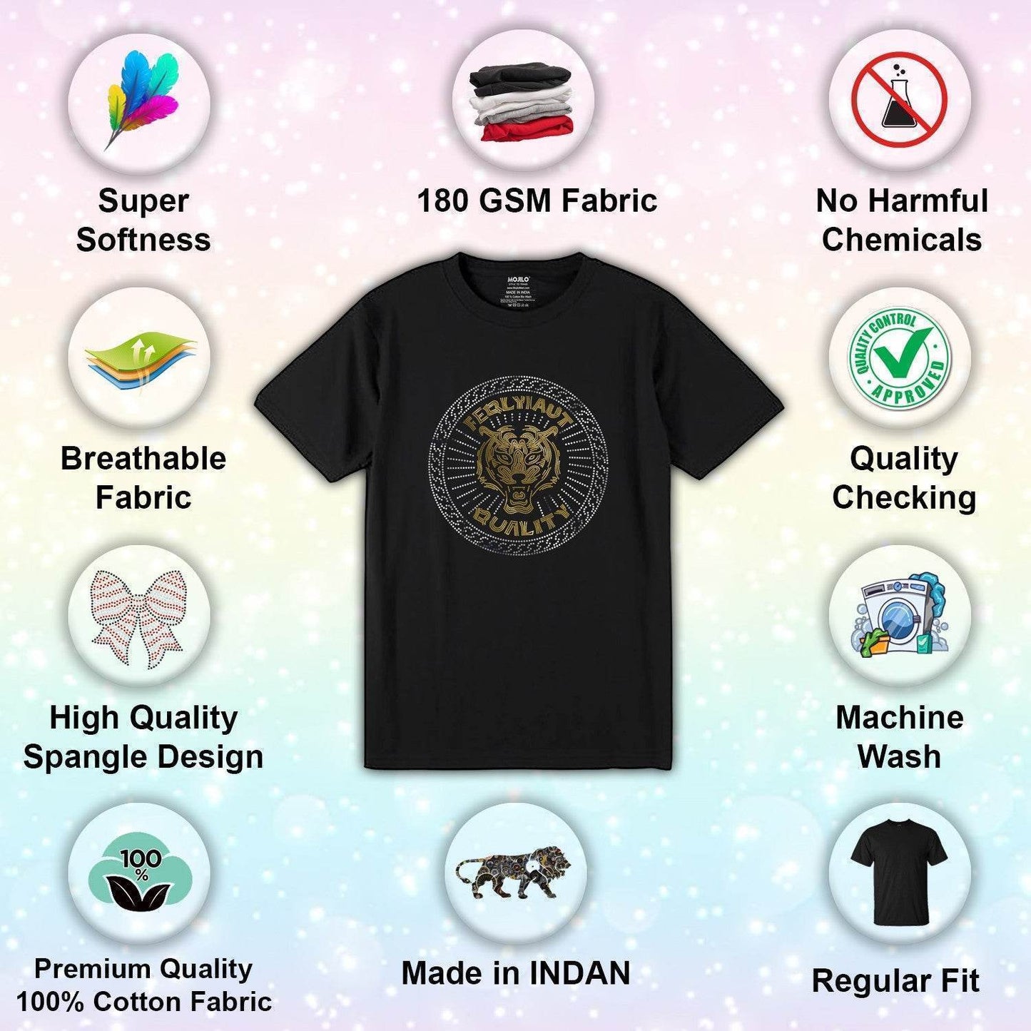 MULTI SPANGLE GREY WALF - Unisex Round Neck Regular Fit 100% Combed Cotton Half Sleeve T-Shirt - Mojilo Mart