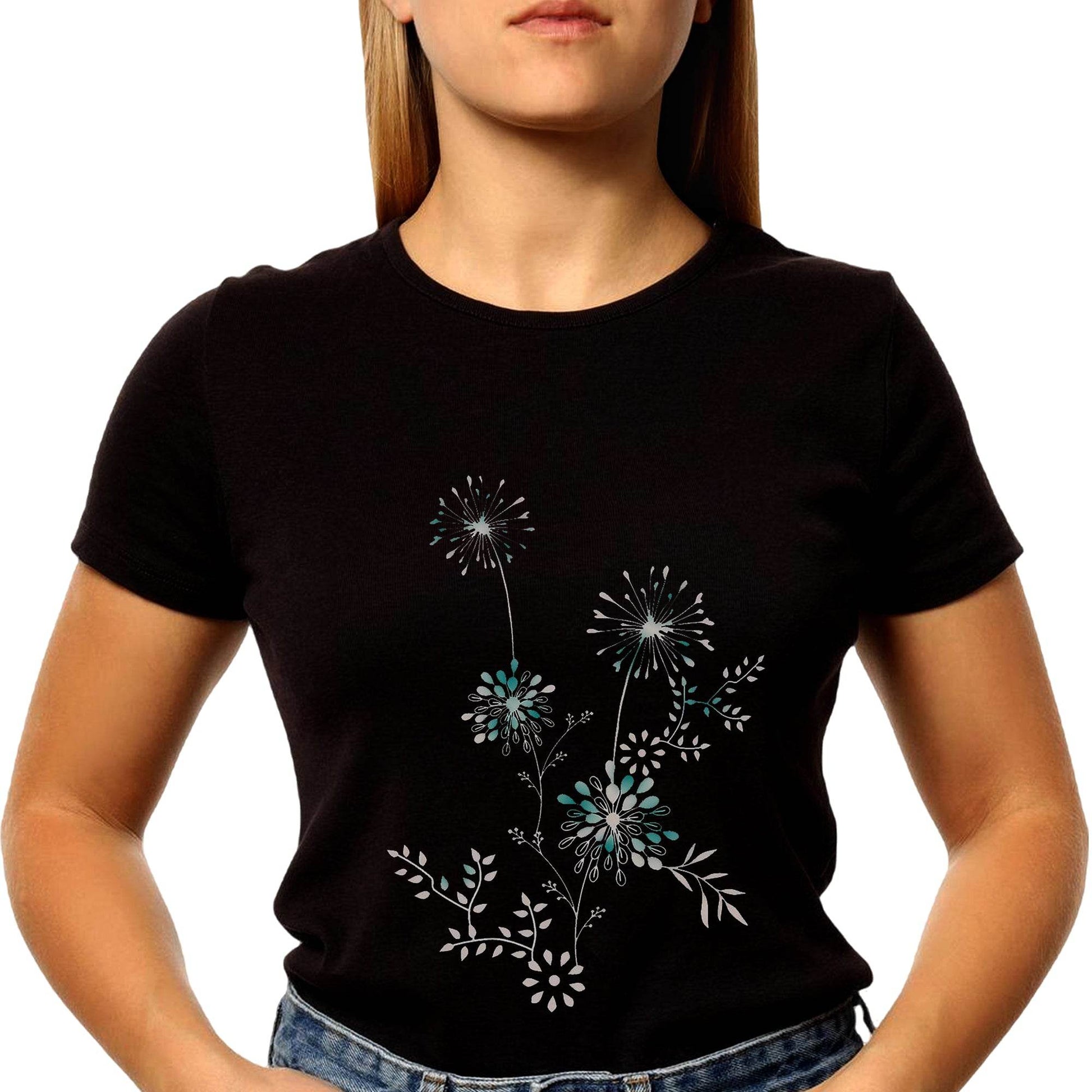 Beautiful flowers cute black with flower - Unisex Round Neck Regular Fit 100% Combed Cotton Half Sleeve T-Shirt - Mojilo Mart