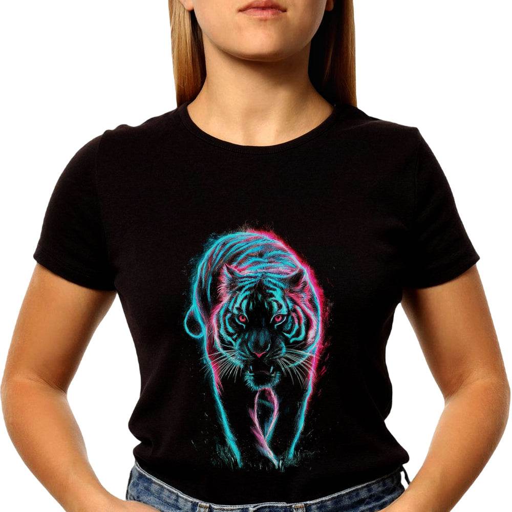 Bengal Tiger With Prowling Pose and Neon Green and Vibrant - Unisex Round Neck Regular Fit 100% Combed Cotton Half Sleeve T-Shirt - Mojilo Mart