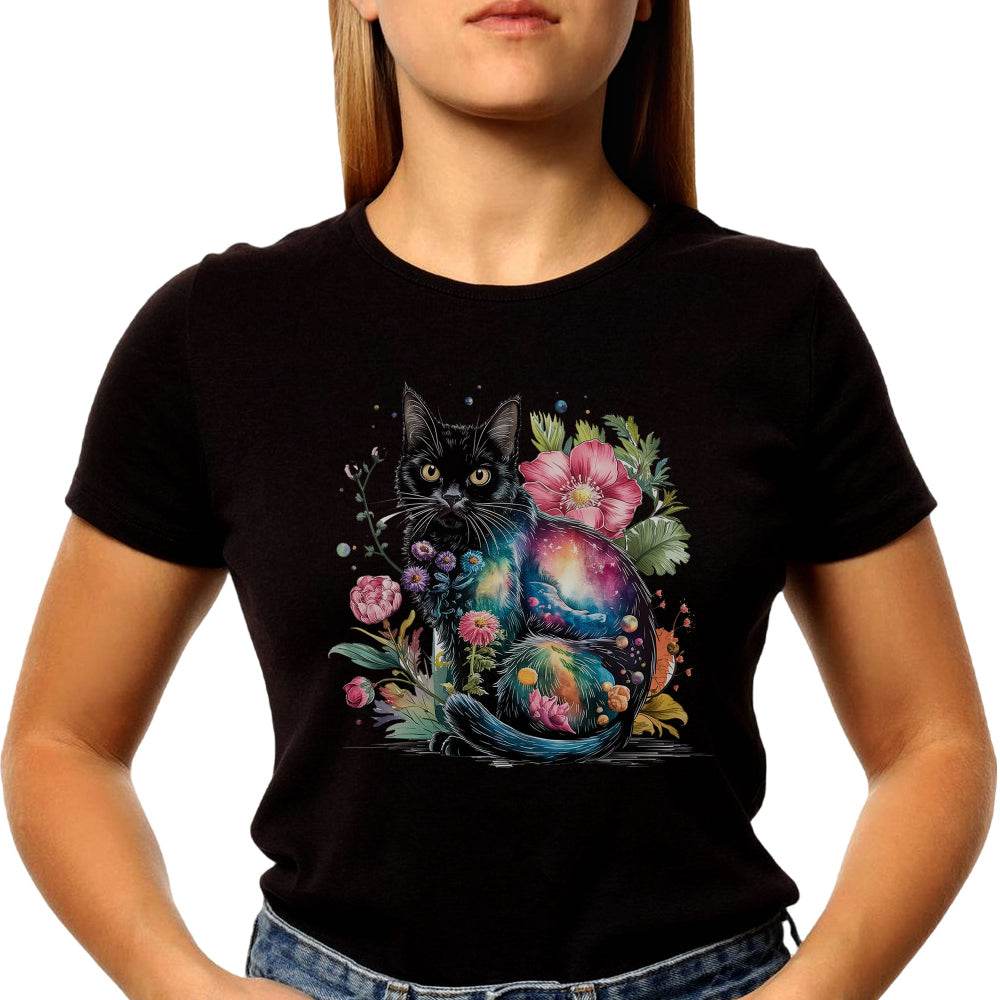 Black Cat Sitting On Top Of A Rainbow Colored Flower - Unisex Round Neck Regular Fit 100% Combed Cotton Half Sleeve T-Shirt - Mojilo Mart