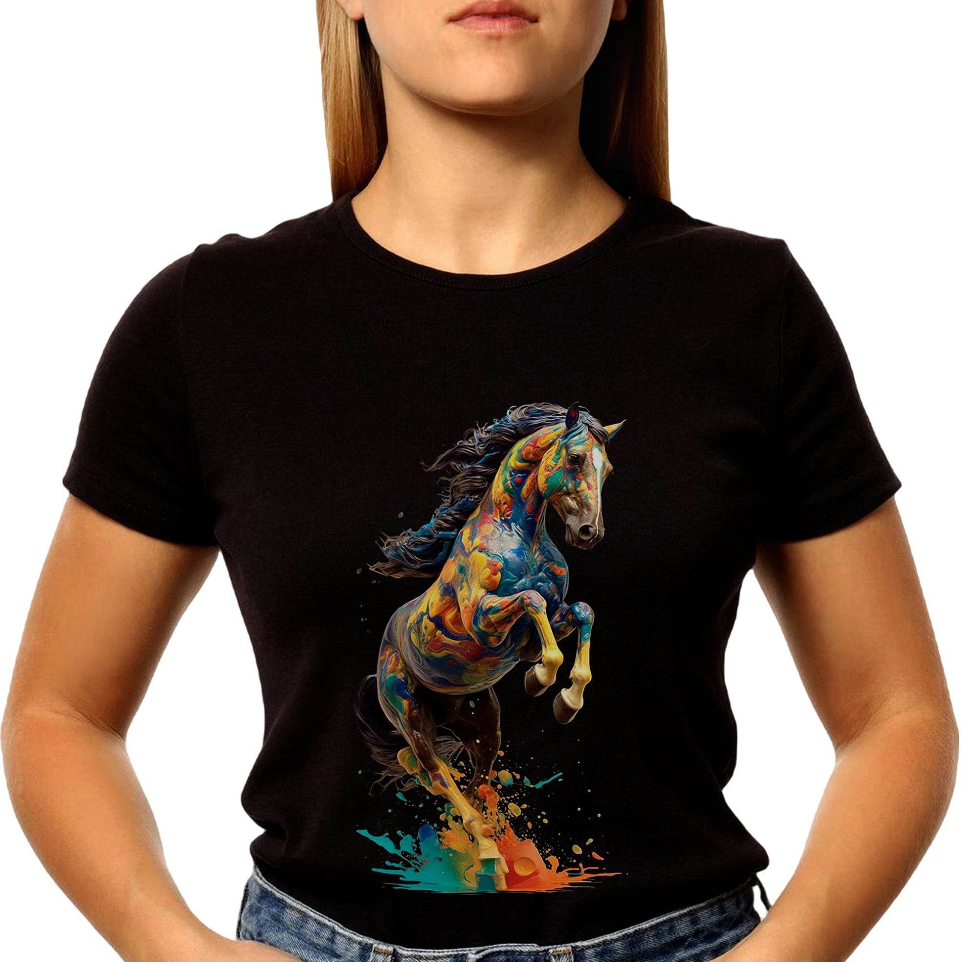 Brightly colored horse jumping in air with splashes of paint - Unisex Round Neck Regular Fit 100% Combed Cotton Half Sleeve T-Shirt - Mojilo Mart
