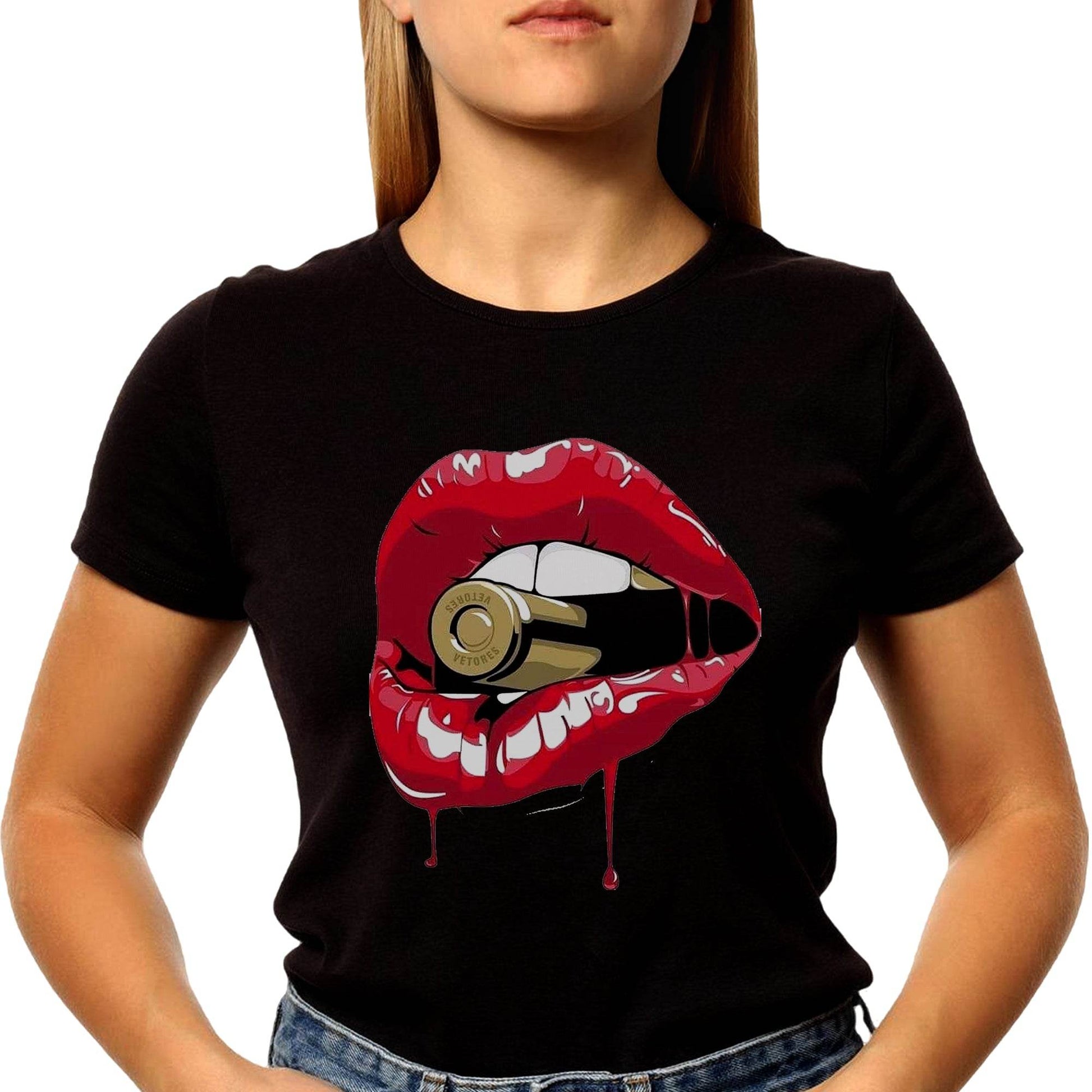 Bullet Bite Red Lip Girly Babe Mouth - Unisex Round Neck Regular Fit 100% Combed Cotton Half Sleeve T-Shirt - Mojilo Mart