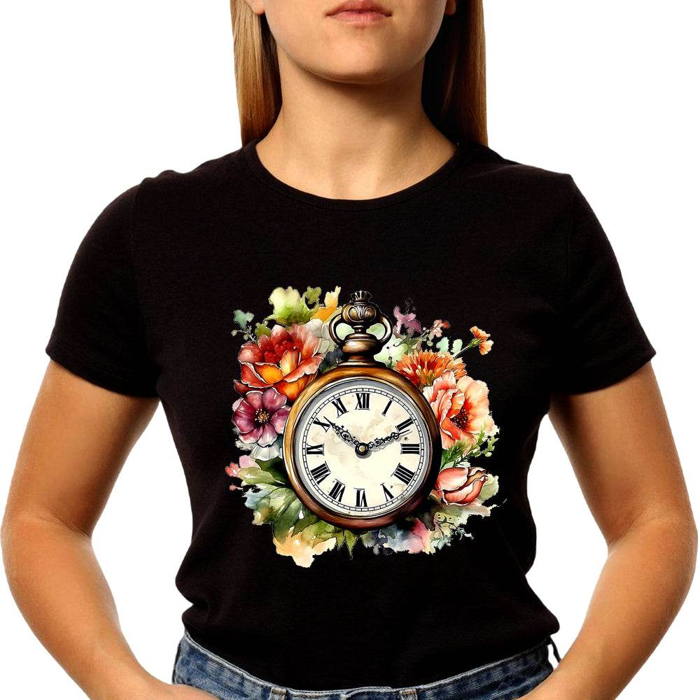 Clock Flowers - Unisex Round Neck Regular Fit 100% Combed Cotton Half Sleeve T-Shirt - Mojilo Mart