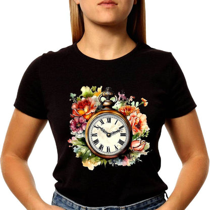 Clock Flowers - Unisex Round Neck Regular Fit 100% Combed Cotton Half Sleeve T-Shirt - Mojilo Mart