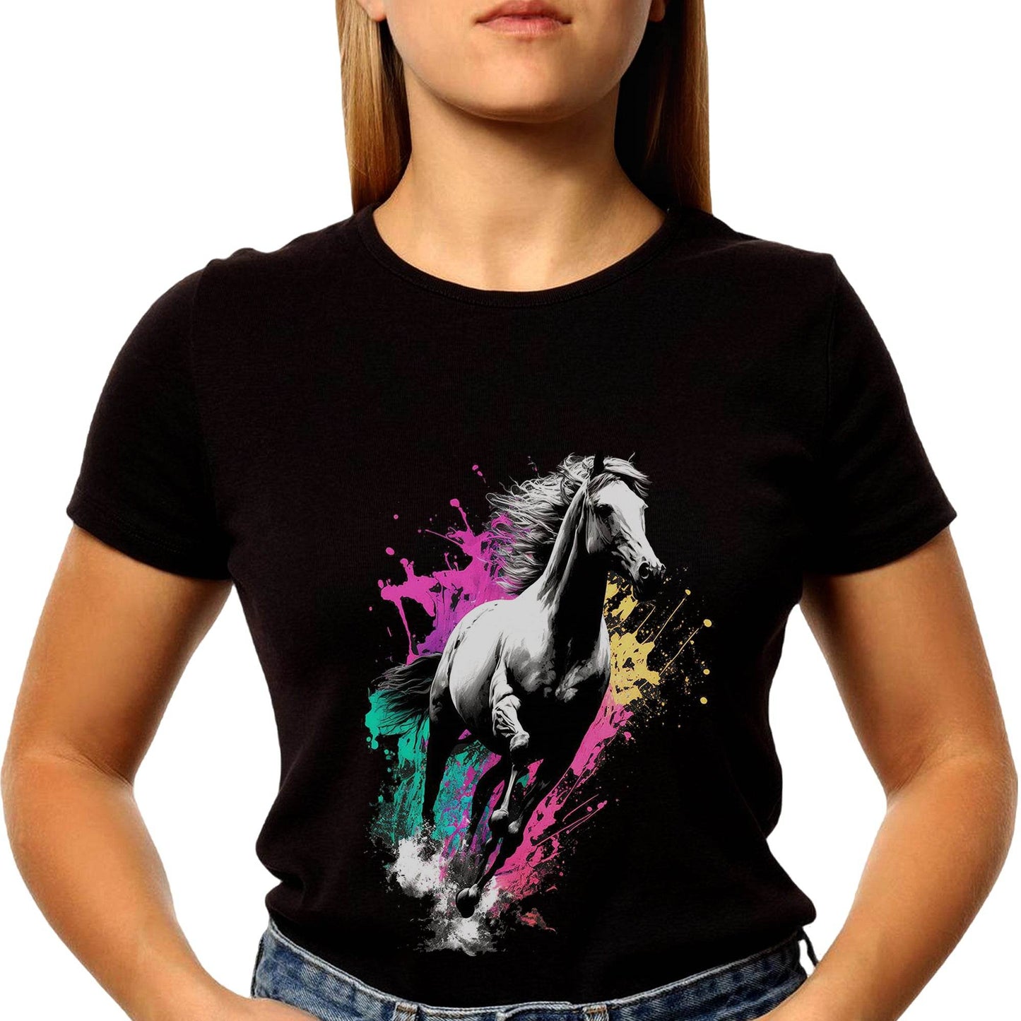 Color black and white horse - Unisex Round Neck Regular Fit 100% Combed Cotton Half Sleeve T-Shirt - Mojilo Mart