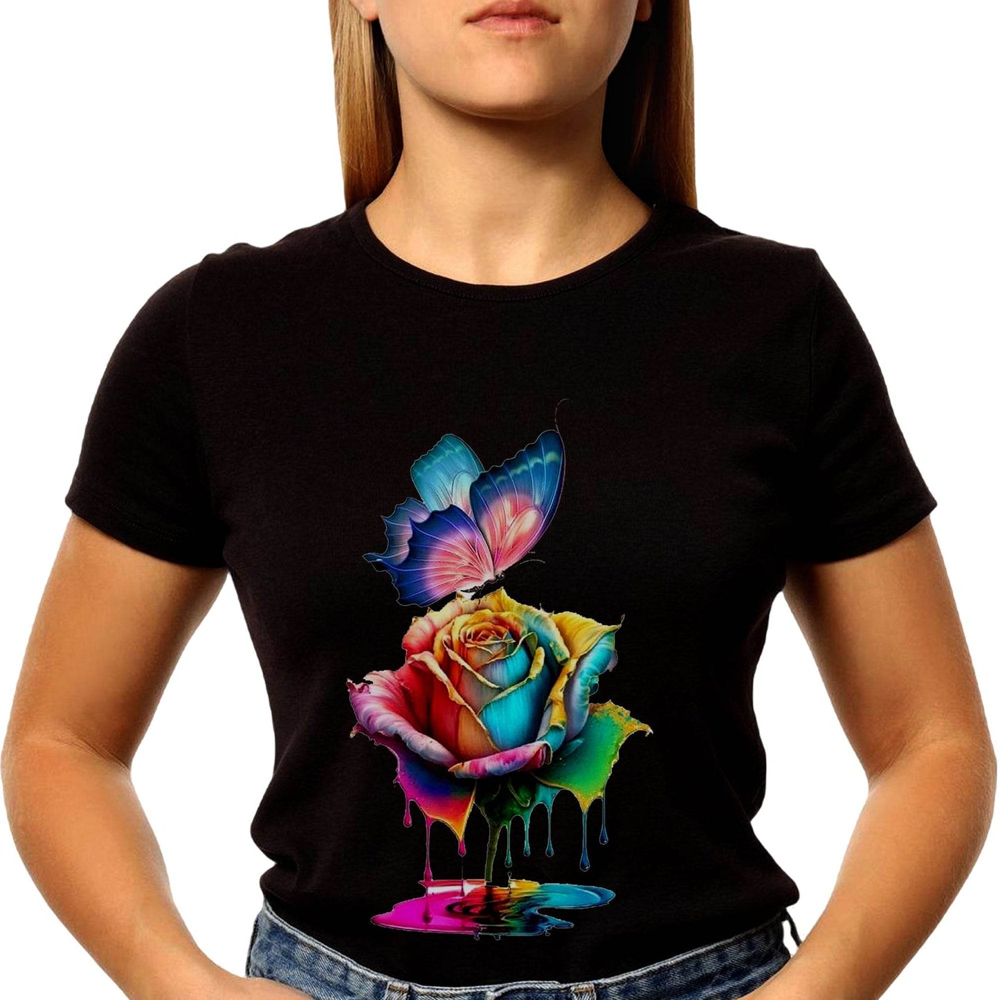 Colorful Butterflies ROSE Art - Unisex Round Neck Regular Fit 100% Combed Cotton Half Sleeve T-Shirt - Mojilo Mart