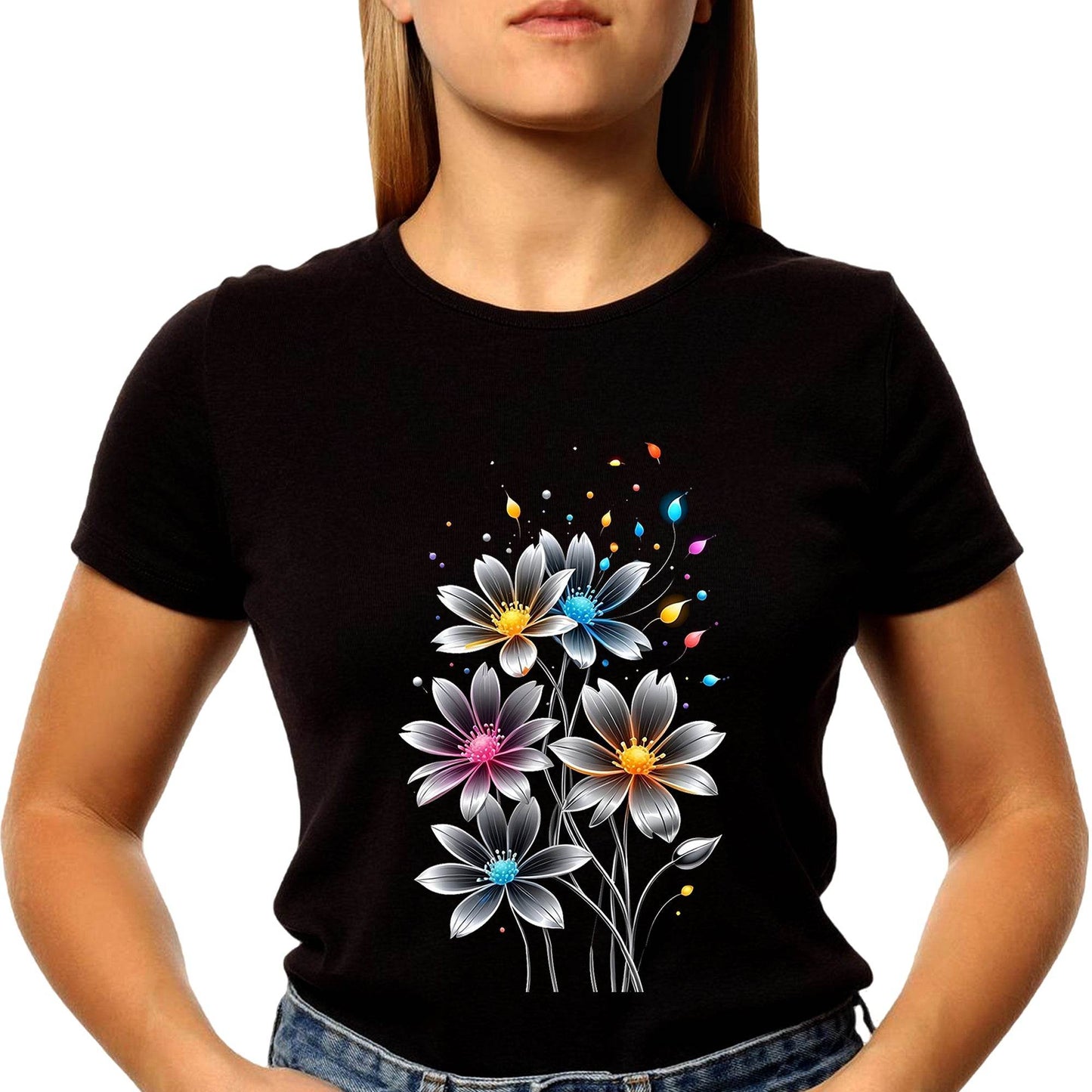 Colorful Pop Art painted Daisy Flower - Unisex Round Neck Regular Fit 100% Combed Cotton Half Sleeve T-Shirt - Mojilo Mart
