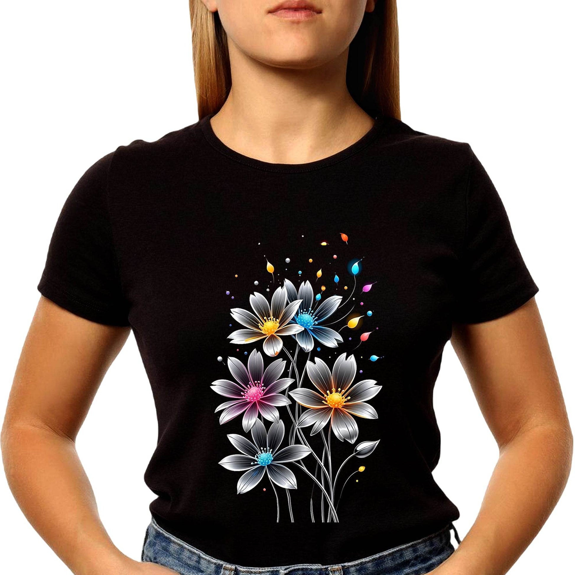Colorful Pop Art painted Daisy Flower - Unisex Round Neck Regular Fit 100% Combed Cotton Half Sleeve T-Shirt - Mojilo Mart