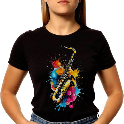Colorful Saxophone with Musical Splash Art - Unisex Round Neck Regular Fit 100% Combed Cotton Half Sleeve T-Shirt - Mojilo Mart