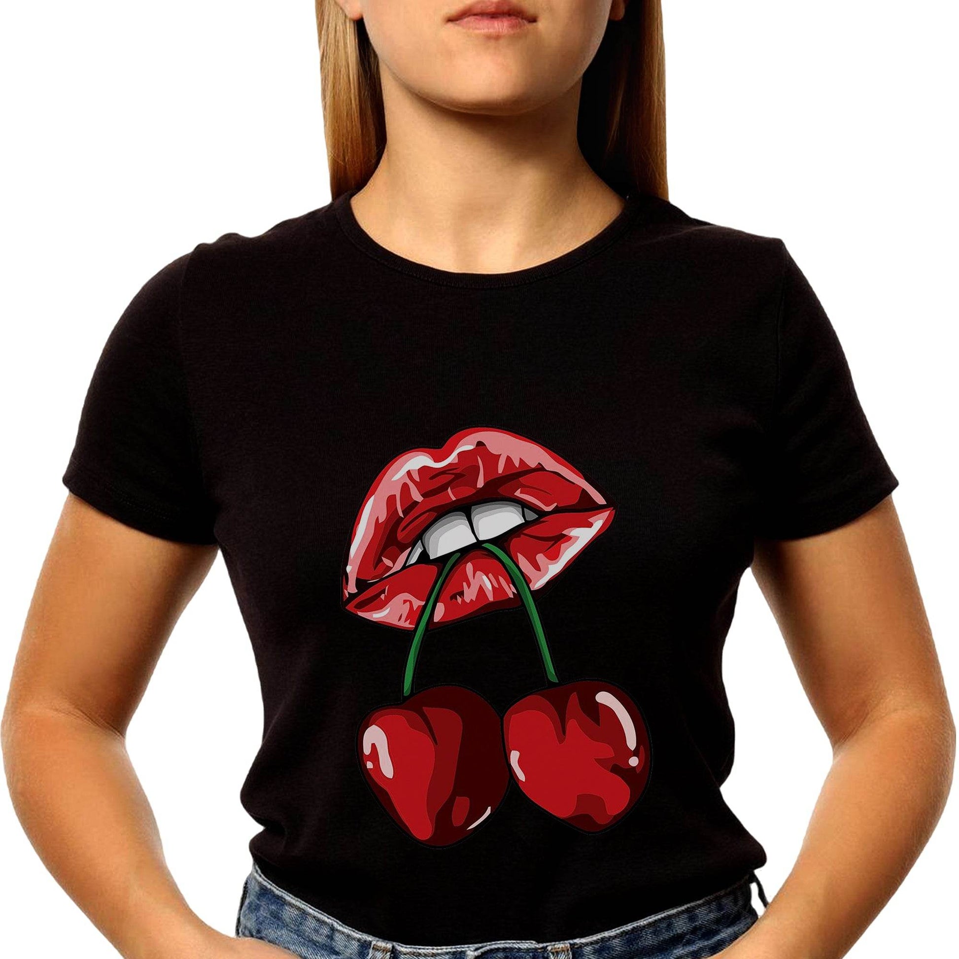 FAIRY TRENDZ Women's Cherry Lips - Unisex Round Neck Regular Fit 100% Combed Cotton Half Sleeve T-Shirt - Mojilo Mart