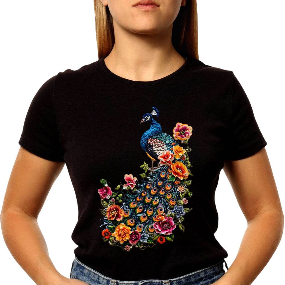 Floral Peacock Print - Unisex Round Neck Regular Fit 100% Combed Cotton Half Sleeve T-Shirt - Mojilo Mart