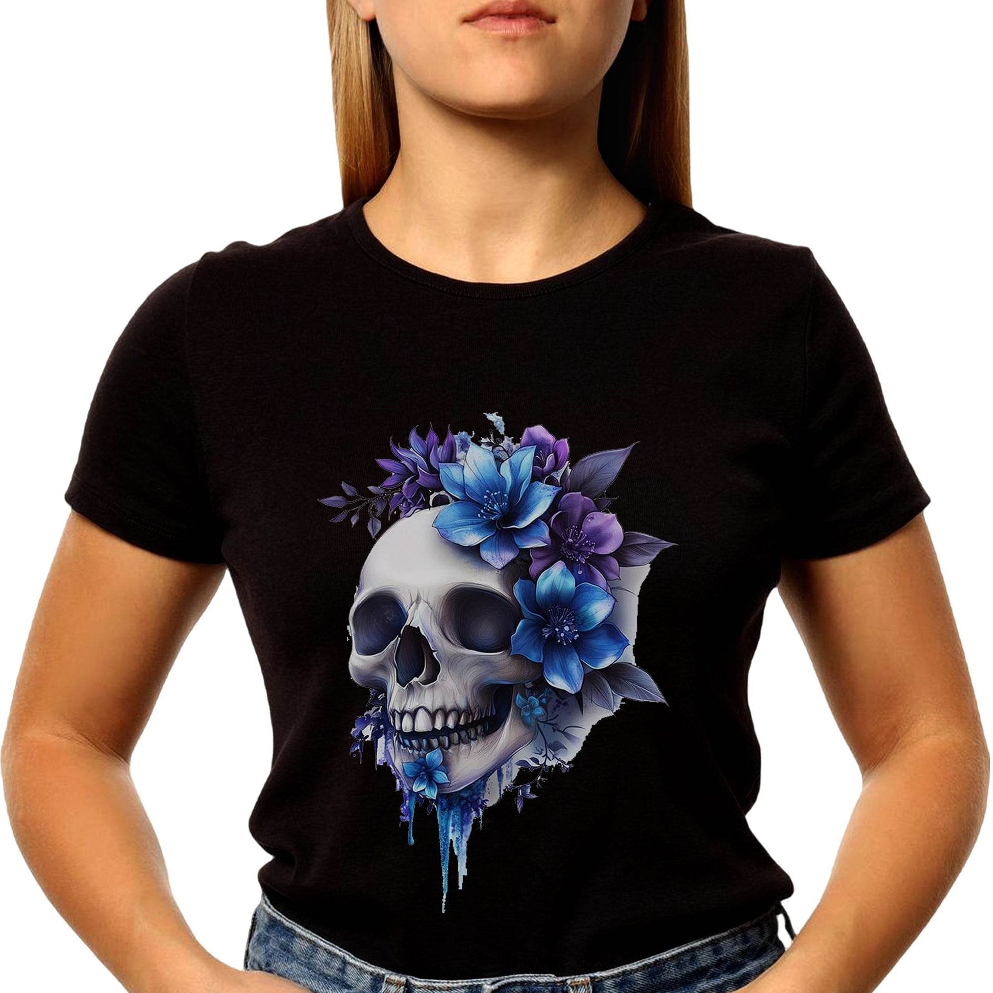 Floral Skull Clip art antique illustrations of human skulls and flowers - Unisex Round Neck Regular Fit 100% Combed Cotton Half Sleeve T-Shirt - Mojilo Mart