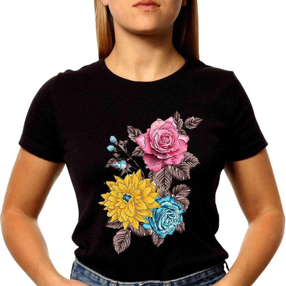 Flowers and Yellow Flower - Unisex Round Neck Regular Fit 100% Combed Cotton Half Sleeve T-Shirt - Mojilo Mart