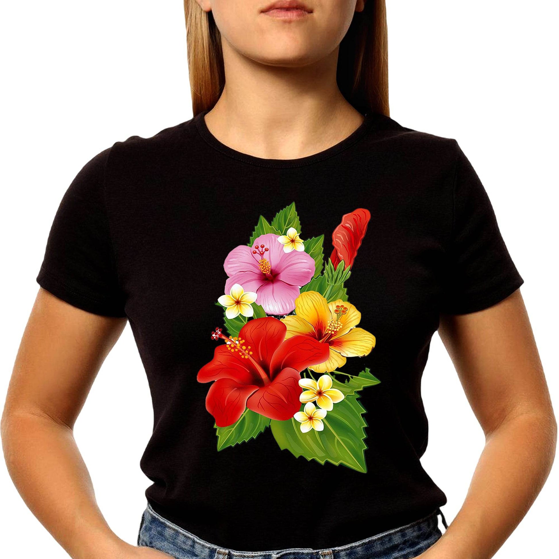 Hibiscus Bouquet Flower - Unisex Round Neck Regular Fit 100% Combed Cotton Half Sleeve T-Shirt - Mojilo Mart