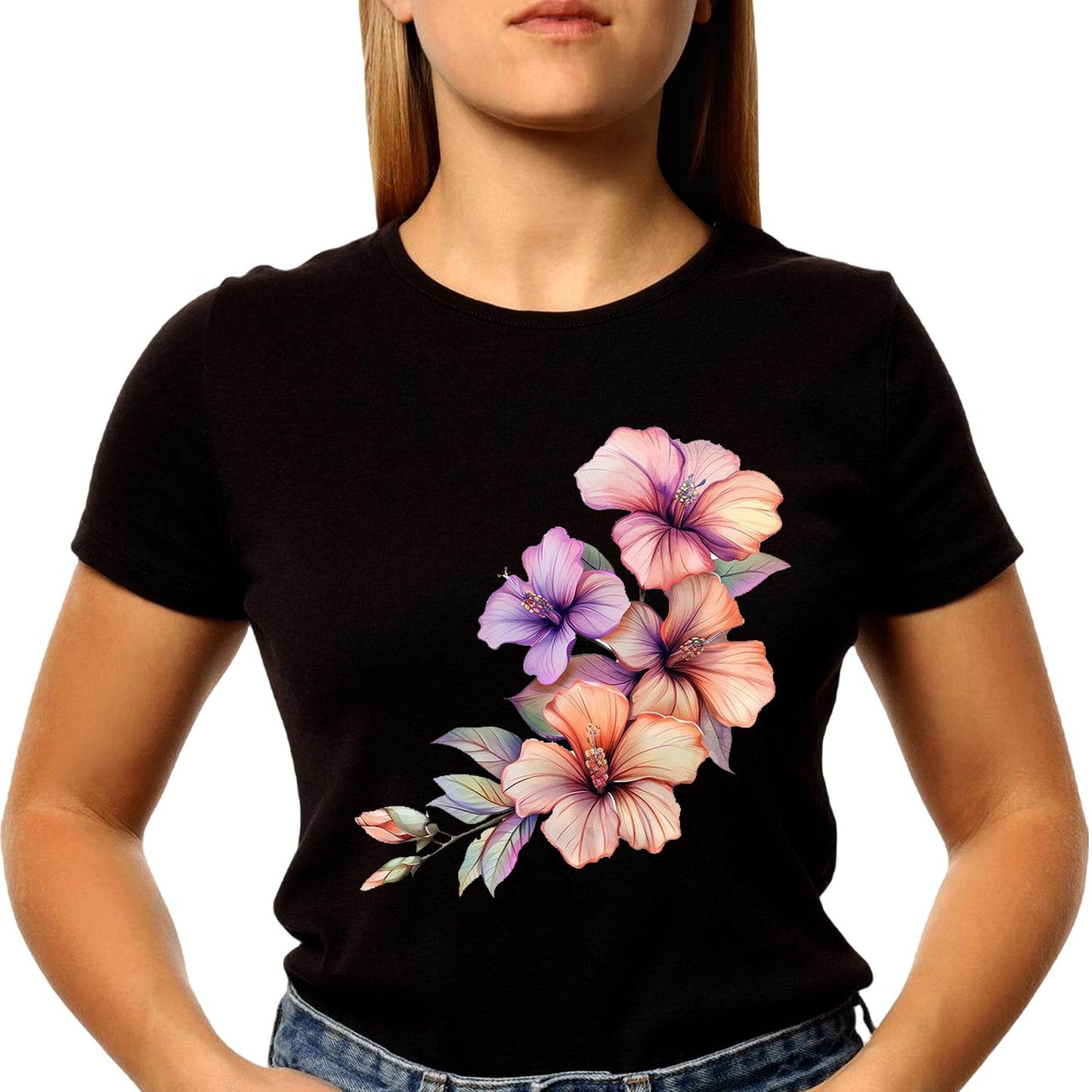 Hibiscus Flowers Tropical Floral - Unisex Round Neck Regular Fit 100% Combed Cotton Half Sleeve T-Shirt - Mojilo Mart