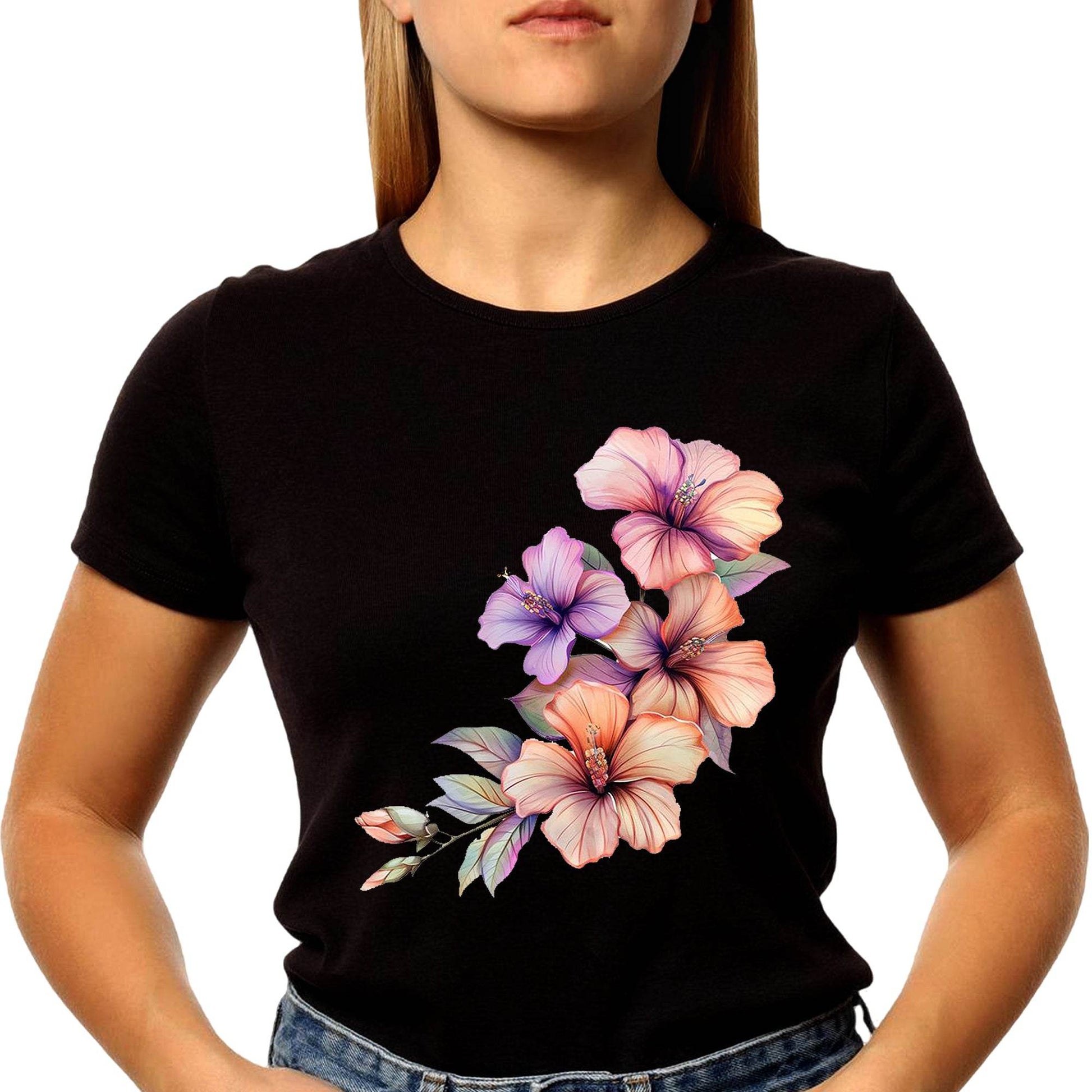 Hibiscus Flowers Tropical Floral - Unisex Round Neck Regular Fit 100% Combed Cotton Half Sleeve T-Shirt - Mojilo Mart