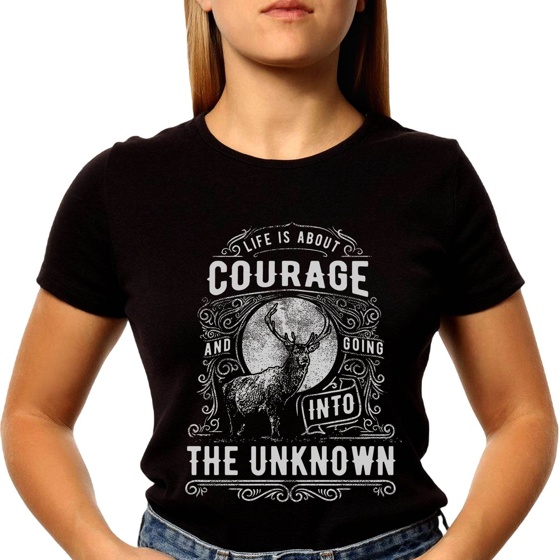 LIFE IS ABOUT COURAGE AND GOING INTO THE UNKNOWN - Unisex Round Neck Regular Fit 100% Combed Cotton Half Sleeve T-Shirt - Mojilo Mart