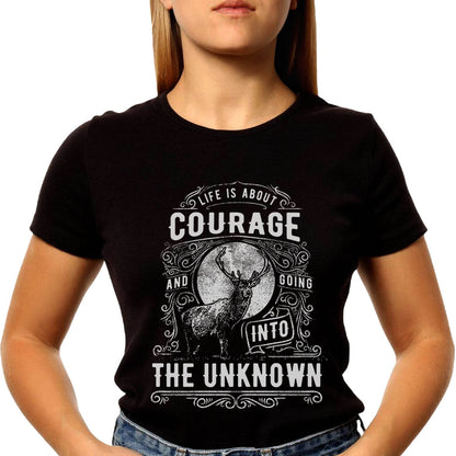 LIFE IS ABOUT COURAGE AND GOING INTO THE UNKNOWN - Unisex Round Neck Regular Fit 100% Combed Cotton Half Sleeve T-Shirt - Mojilo Mart