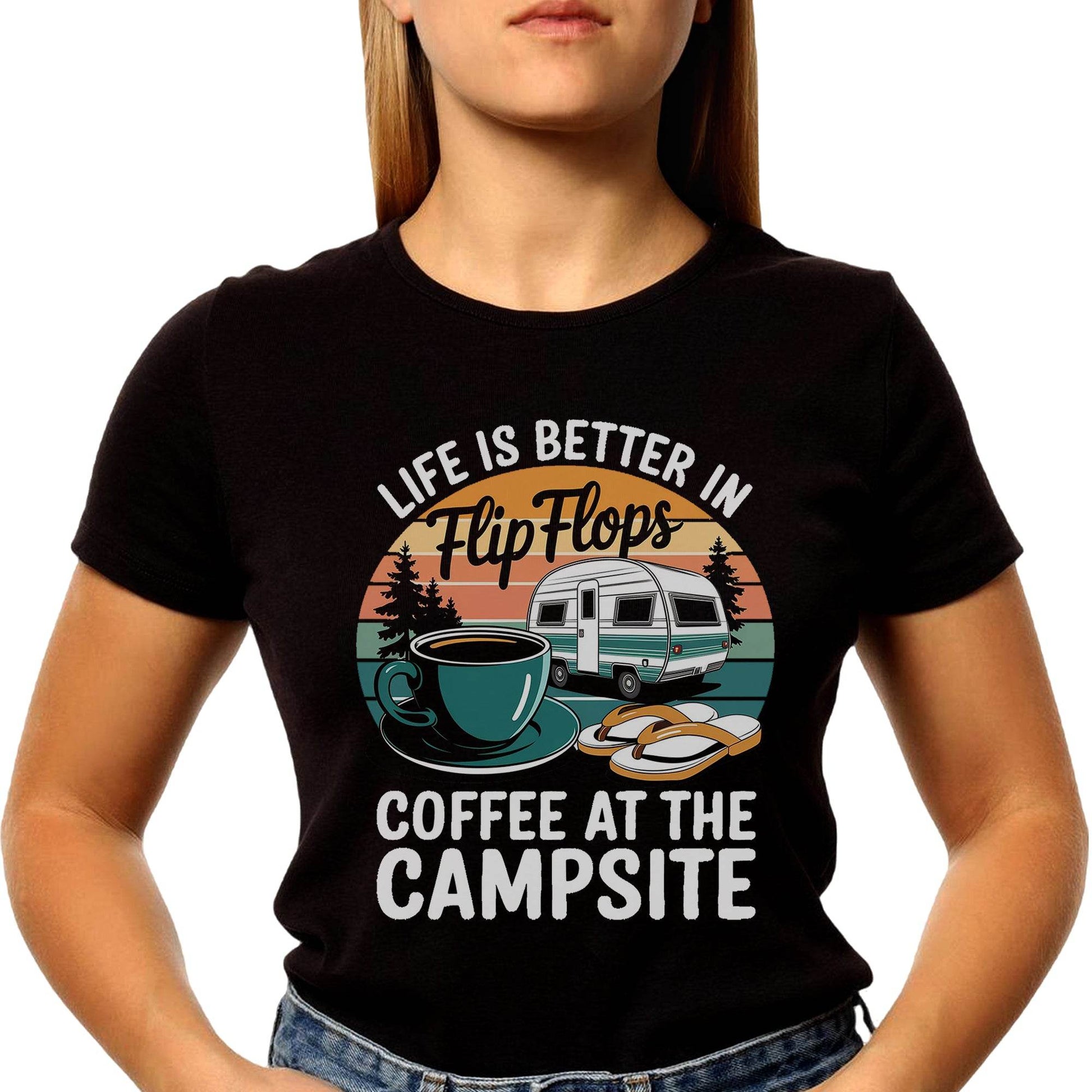 LIFE IS BETTER IN Flip Flops COFFEE AT THE CAMPSITE - Unisex Round Neck Regular Fit 100% Combed Cotton Half Sleeve T-Shirt - Mojilo Mart