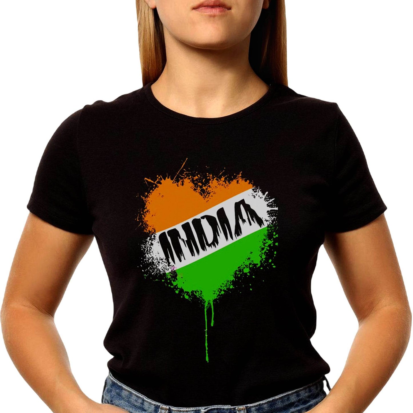 Love India In Heart With Flag Colour - Unisex Round Neck Regular Fit 100% Combed Cotton Half Sleeve T-Shirt - Mojilo Mart