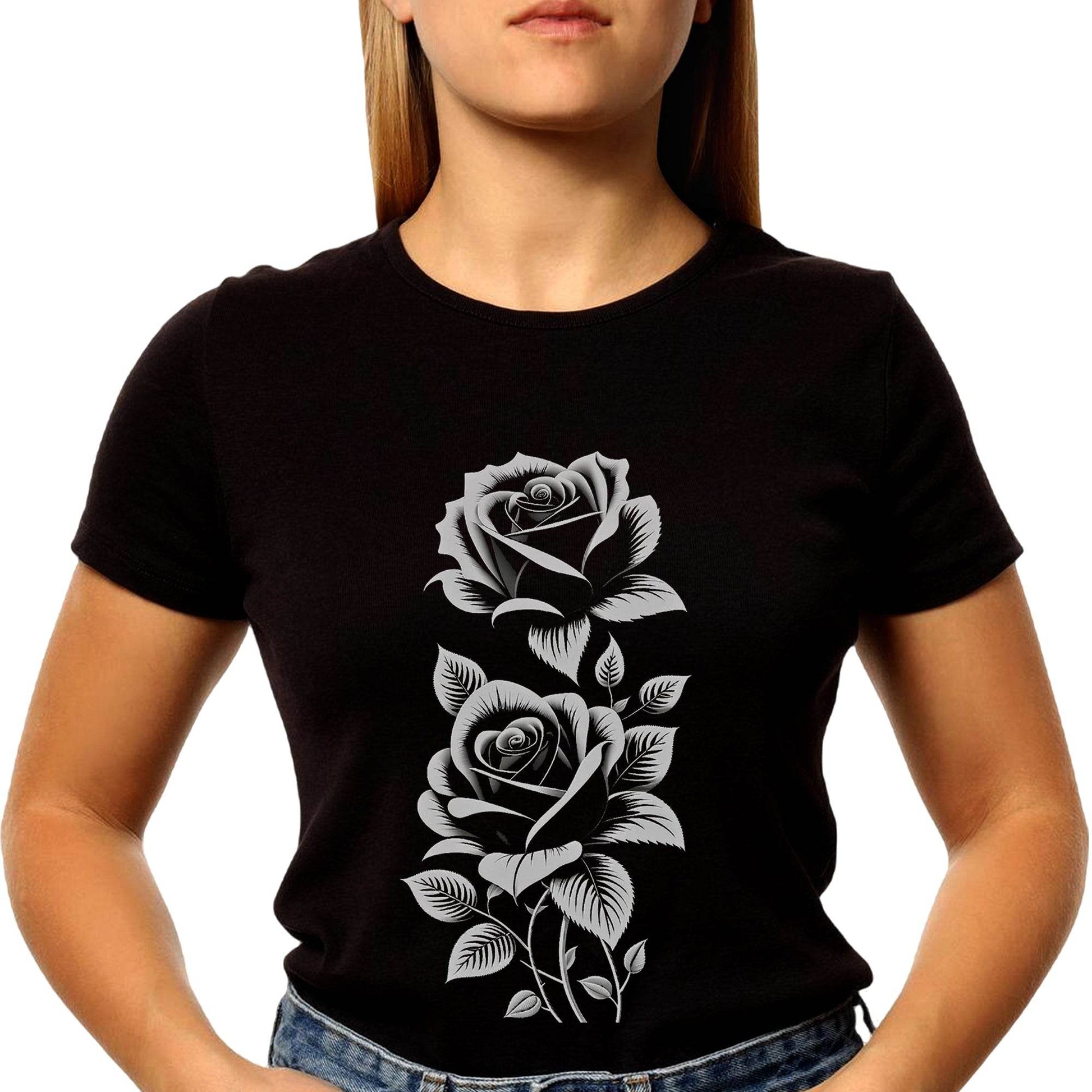 Monochrome Roses Beading Tapestry Pattern - Unisex Round Neck Regular Fit 100% Combed Cotton Half Sleeve T-Shirt - Mojilo Mart