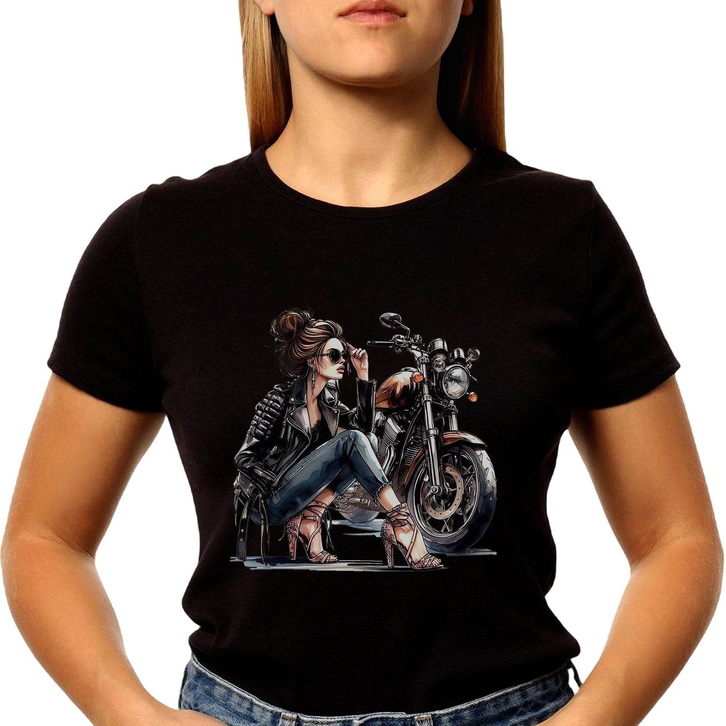 Motorcycle Girl Art - Unisex Round Neck Regular Fit 100% Combed Cotton Half Sleeve T-Shirt - Mojilo Mart