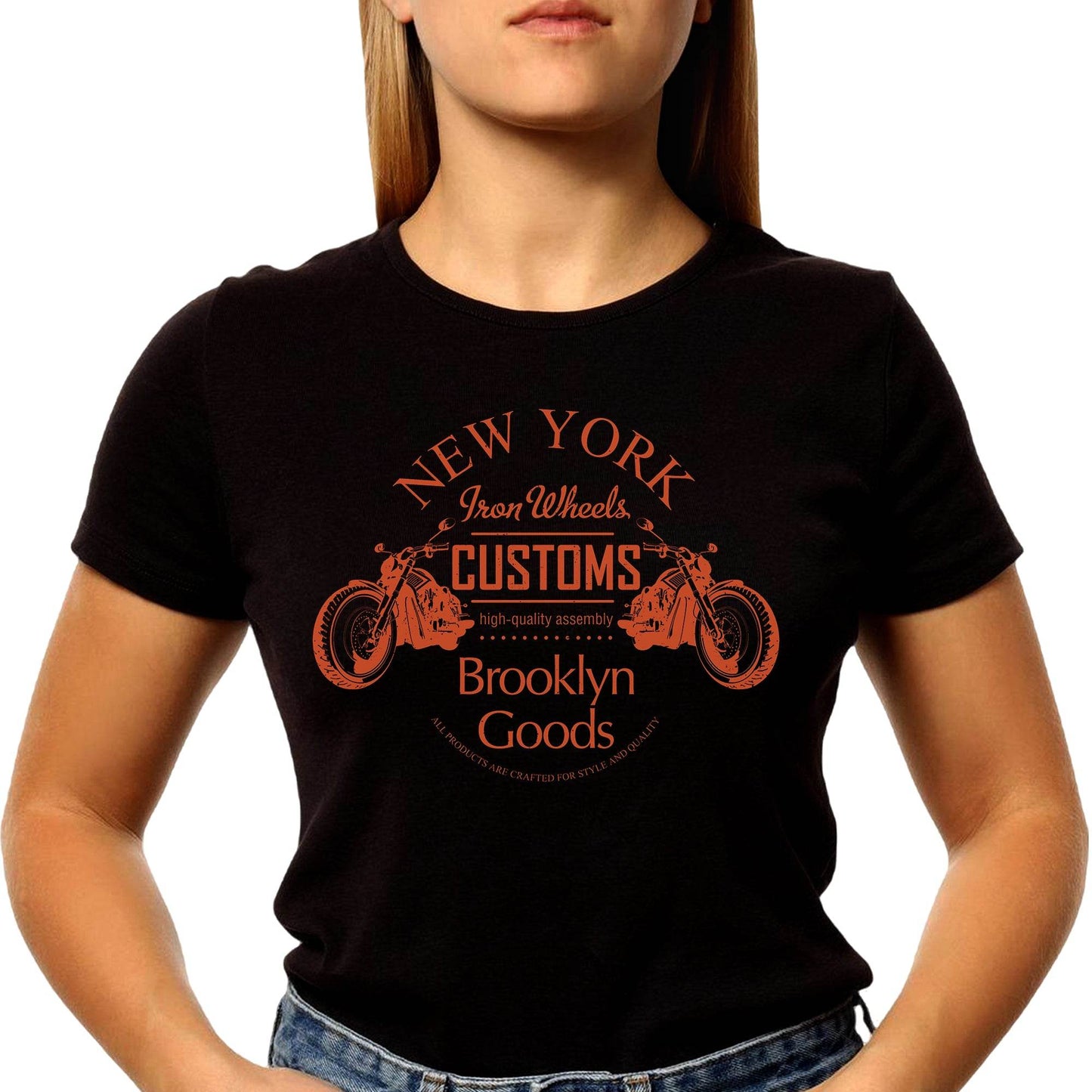 NEW YORK Iron Wheels CUSTOMS Brooklyn Goods - Unisex Round Neck Regular Fit 100% Combed Cotton Half Sleeve T-Shirt - Mojilo Mart