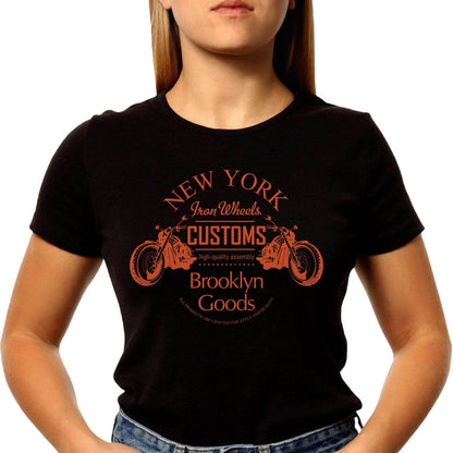 NEW YORK Iron Wheels CUSTOMS Brooklyn Goods - Unisex Round Neck Regular Fit 100% Combed Cotton Half Sleeve T-Shirt - Mojilo Mart