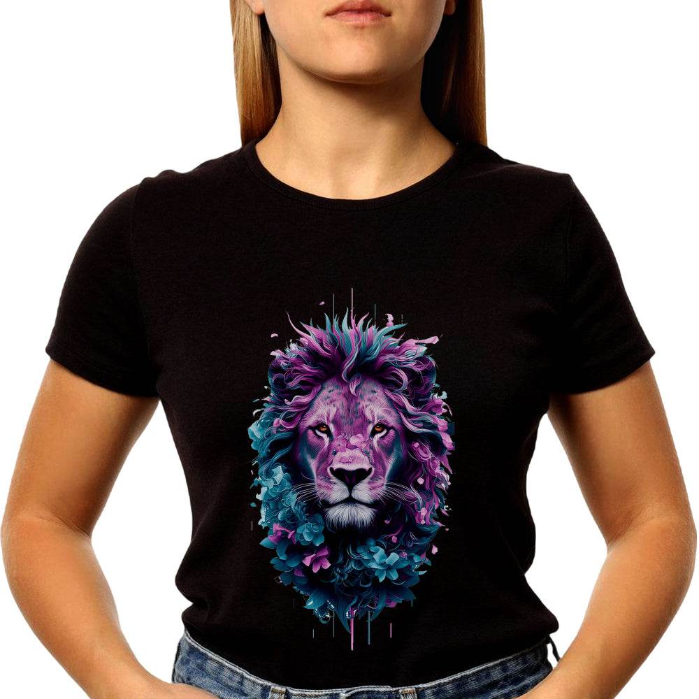Neon light Lion artwork design digital art - Unisex Round Neck Regular Fit 100% Combed Cotton Half Sleeve T-Shirt - Mojilo Mart