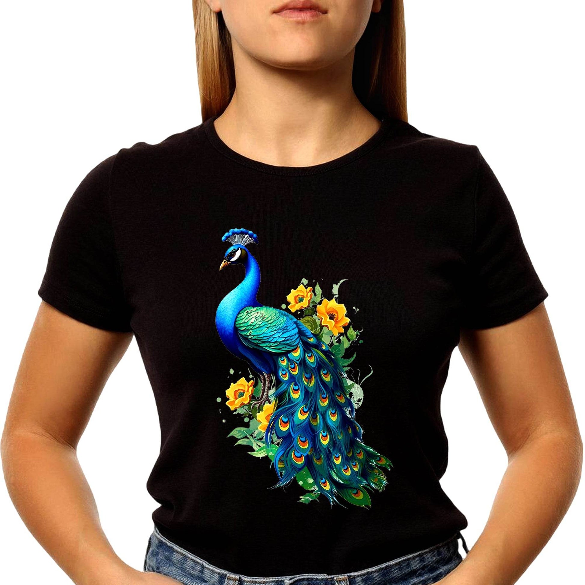 Peacock bird Beauty Flowers Elegant - Unisex Round Neck Regular Fit 100% Combed Cotton Half Sleeve T-Shirt - Mojilo Mart