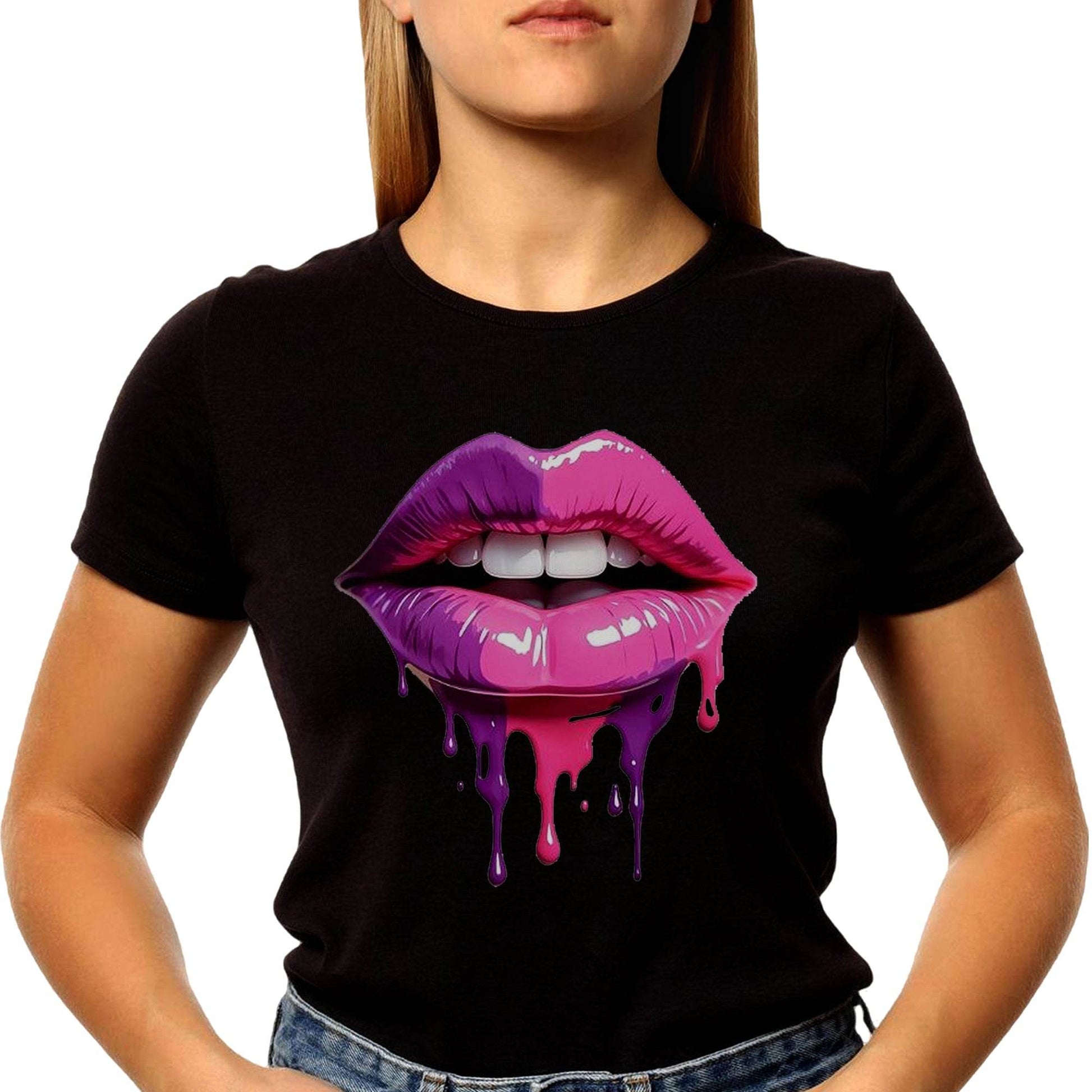 Purple and pink lips with a dripping liquid - Unisex Round Neck Regular Fit 100% Combed Cotton Half Sleeve T-Shirt - Mojilo Mart