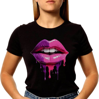 Purple and pink lips with a dripping liquid - Unisex Round Neck Regular Fit 100% Combed Cotton Half Sleeve T-Shirt - Mojilo Mart