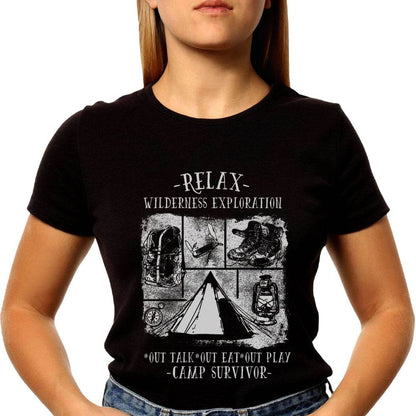 RELAX WILDERNESS EXPLORATION OUT TALK OUT EAT OUT PLAY CAMP SURVIVOR - Unisex Round Neck Regular Fit 100% Combed Cotton Half Sleeve T-Shirt - Mojilo Mart