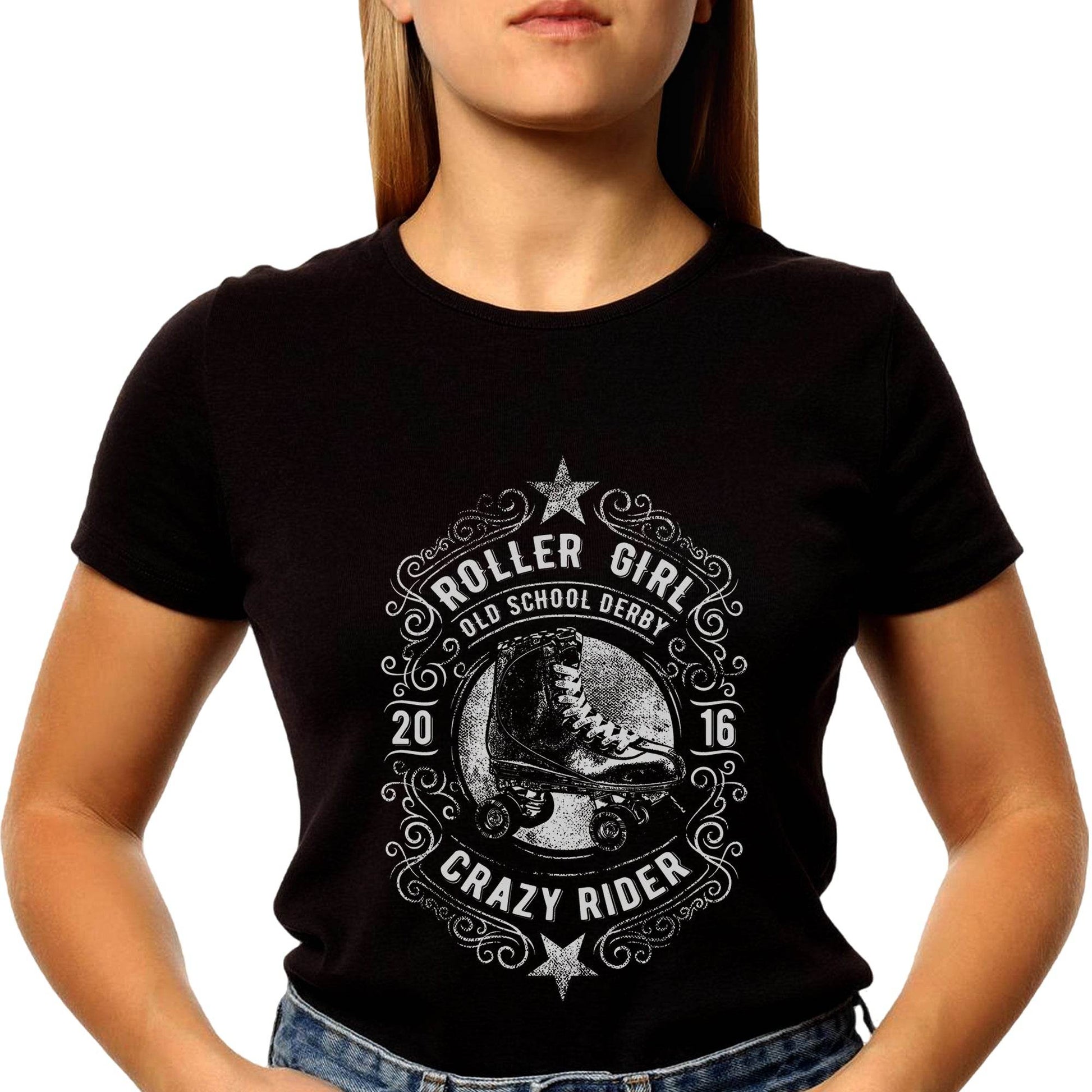 ROLLER GIRL OLD SCHOOL DERBY 2016 CRAZY RIDER - Unisex Round Neck Regular Fit 100% Combed Cotton Half Sleeve T-Shirt - Mojilo Mart