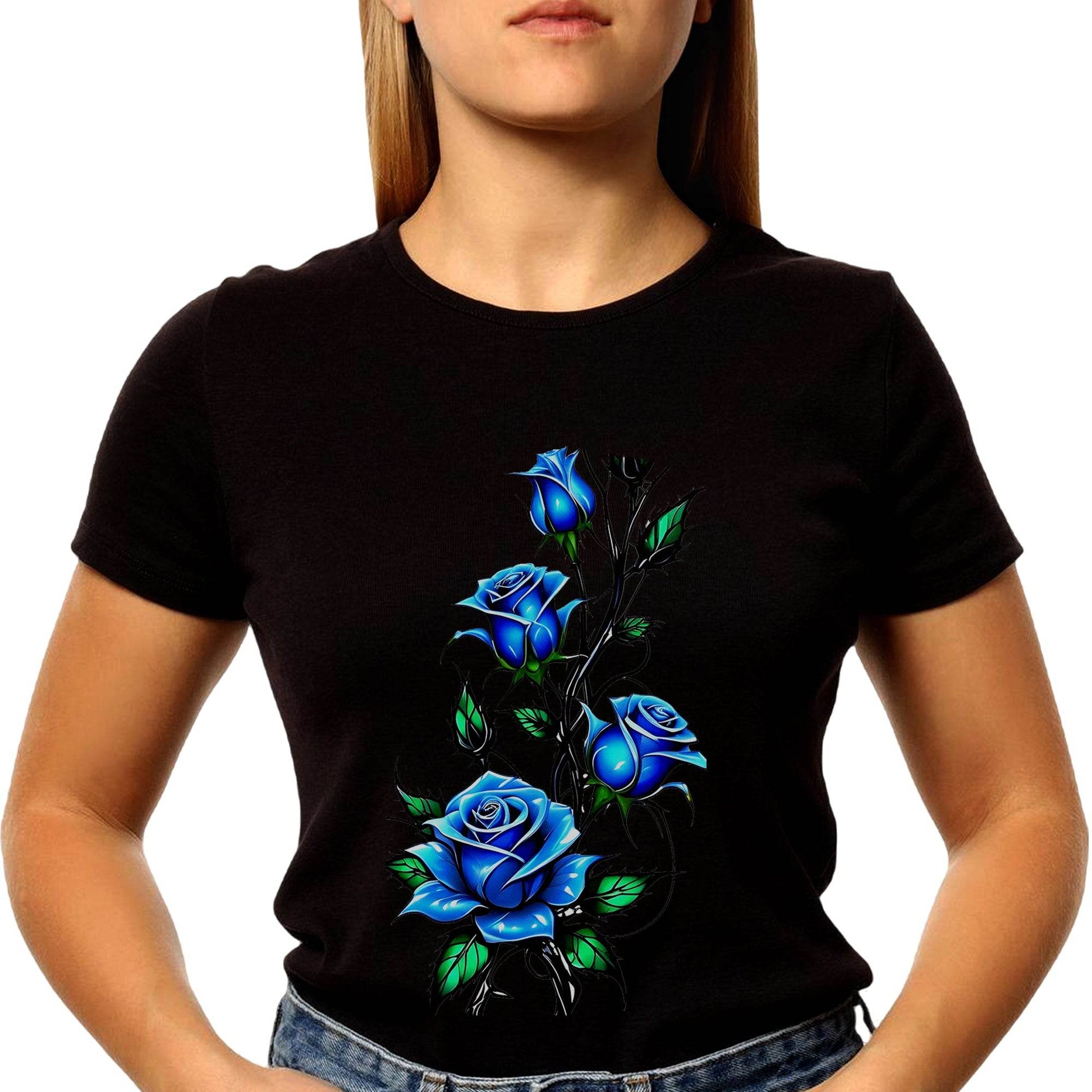 Rose In BLUE Color - Unisex Round Neck Regular Fit 100% Combed Cotton Half Sleeve T-Shirt - Mojilo Mart