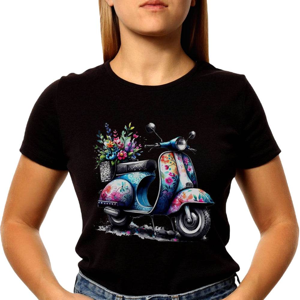 Scooter with Various Flowers Clipart - Unisex Round Neck Regular Fit 100% Combed Cotton Half Sleeve T-Shirt - Mojilo Mart