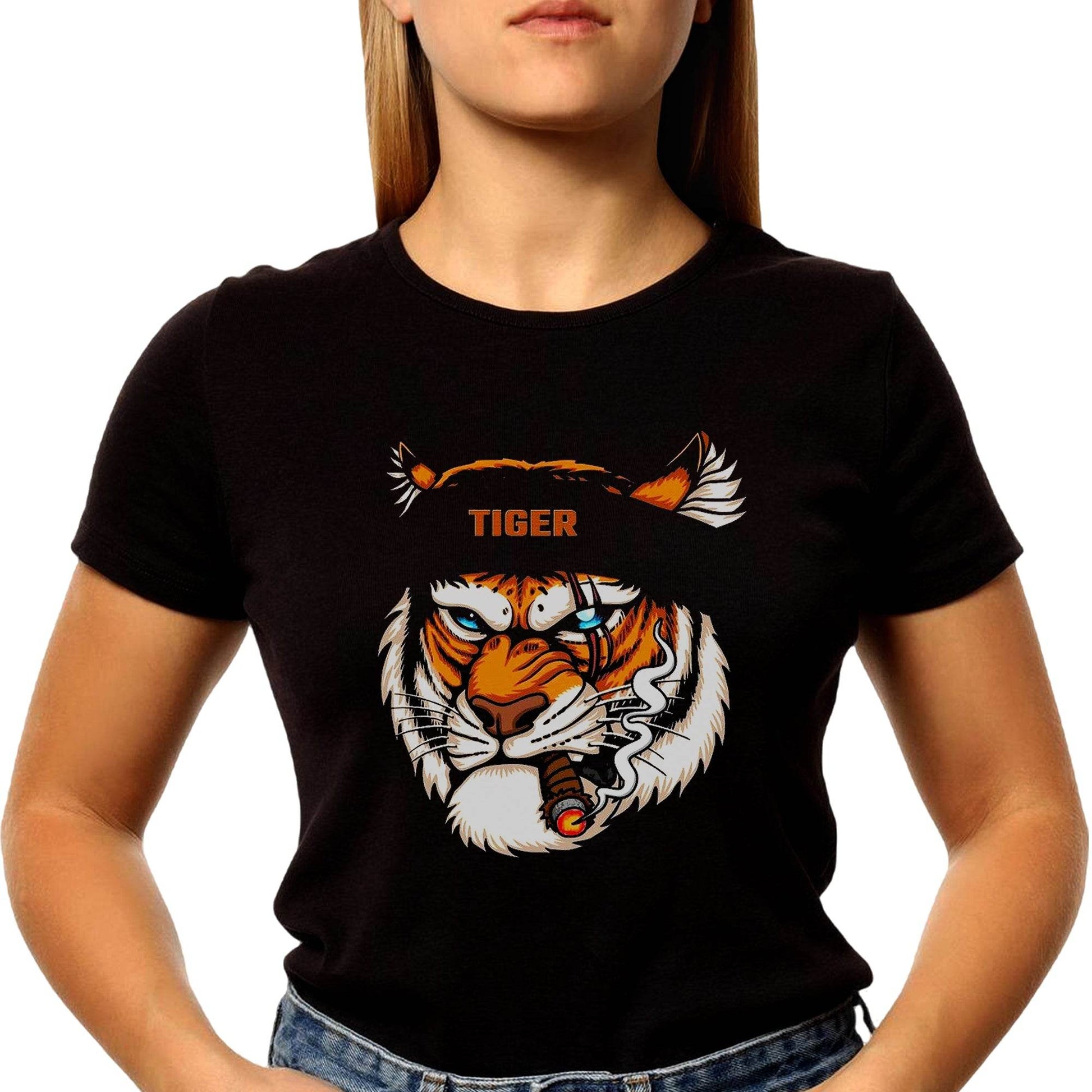 Tiger Head Wearing Bandana While Smoking - Unisex Round Neck Regular Fit 100% Combed Cotton Half Sleeve T-Shirt - Mojilo Mart