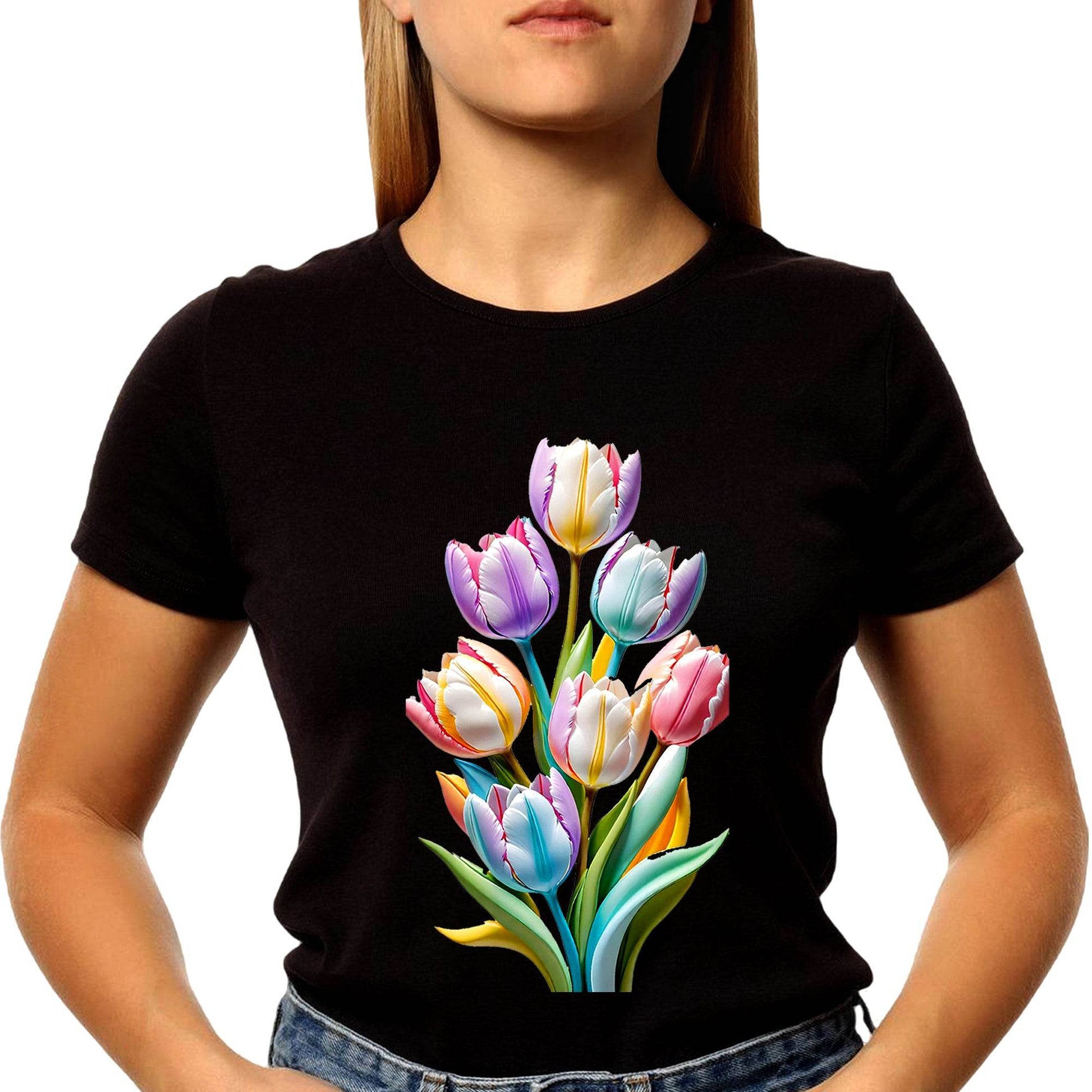 Tulips Flowers Plant Gardening Floral T-Shirt - Unisex Round Neck Regular Fit 100% Combed Cotton Half Sleeve T-Shirt - Mojilo Mart