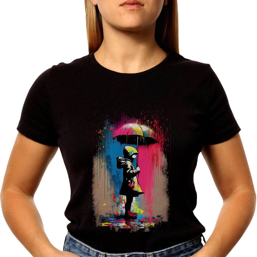 Umbrella Girl Rainbow Rain - Unisex Round Neck Regular Fit 100% Combed Cotton Half Sleeve T-Shirt - Mojilo Mart