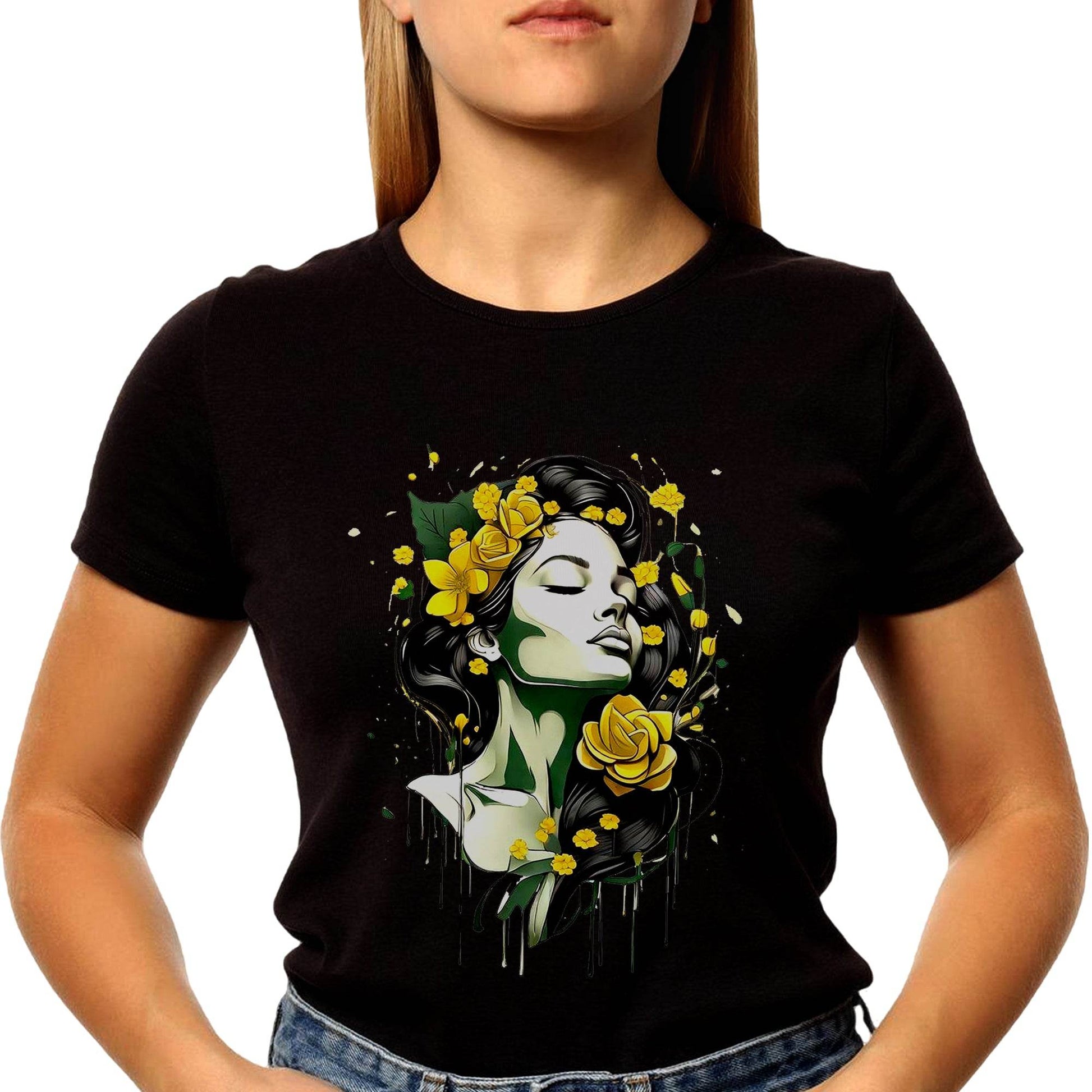 Woman with flowers art - Unisex Round Neck Regular Fit 100% Combed Cotton Half Sleeve T-Shirt - Mojilo Mart