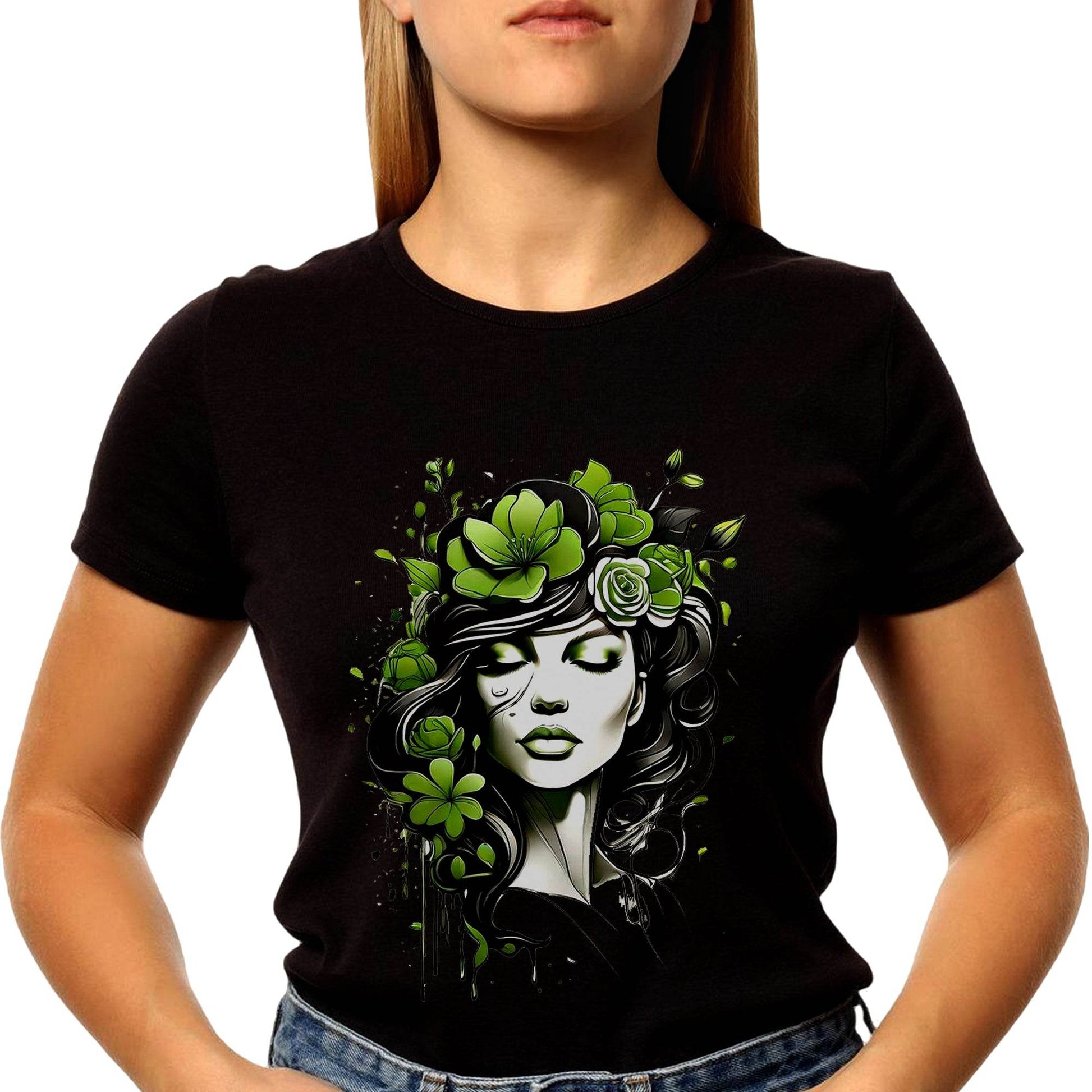Woman with flowers art in green - Unisex Round Neck Regular Fit 100% Combed Cotton Half Sleeve T-Shirt - Mojilo Mart