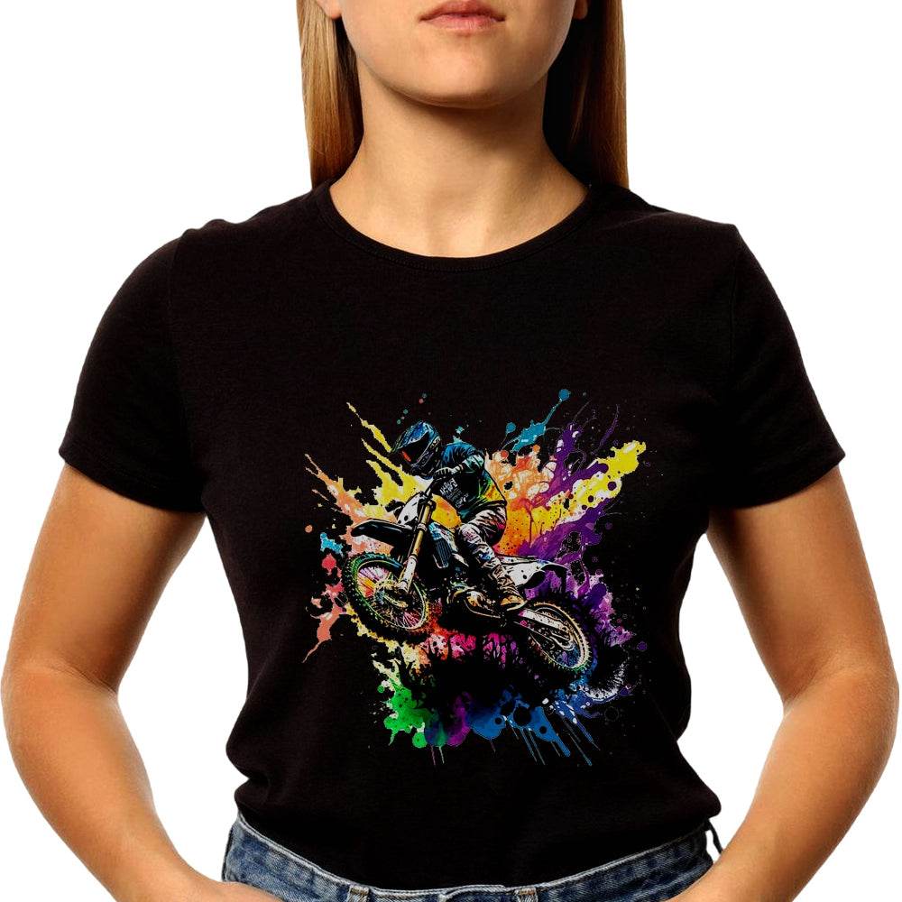 Motorcyclist riding a dirt bike in a colorful - Unisex Round Neck Regular Fit 100% Combed Cotton Half Sleeve T-Shirt - Mojilo Mart
