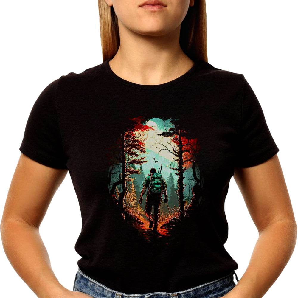 person walking in a forest with a bird flying - Unisex Round Neck Regular Fit 100% Combed Cotton Half Sleeve T-Shirt - Mojilo Mart