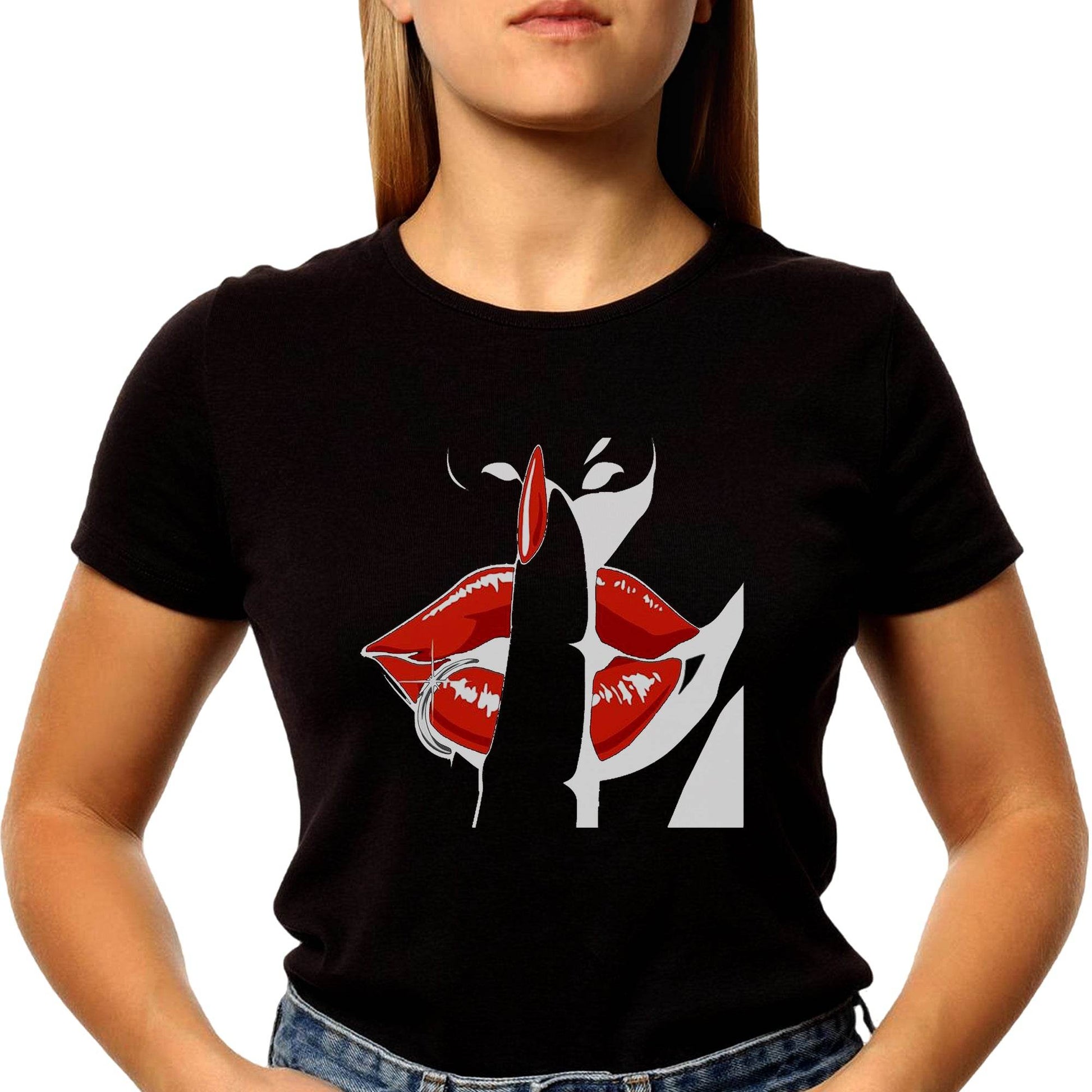 Womans hand with a finger pointing at a red lip - Unisex Round Neck Regular Fit 100% Combed Cotton Half Sleeve T-Shirt - Mojilo Mart